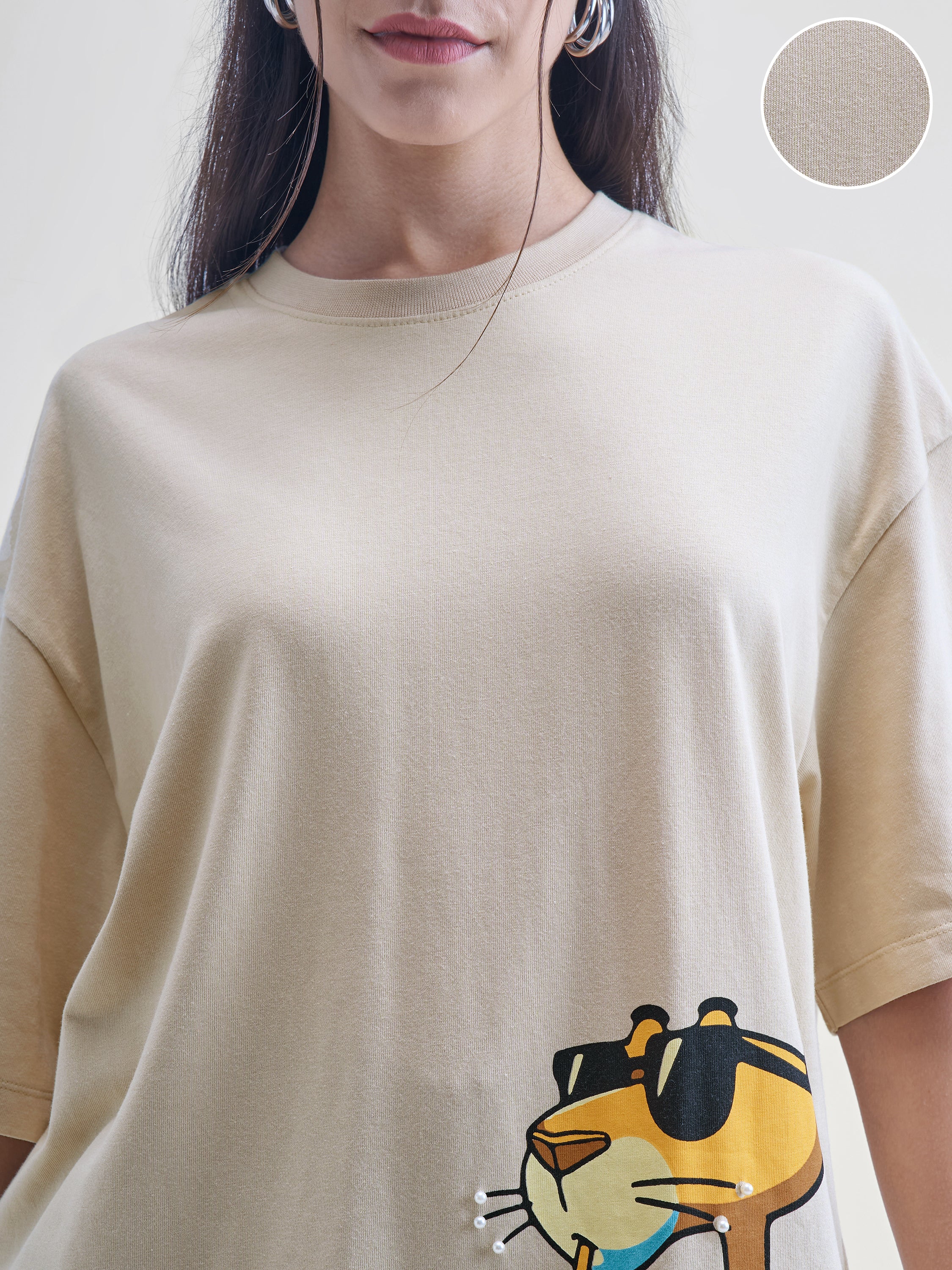 Street By Tokyo Talkies Women Beige Printed Round Neck Oversized Fit T-Shirt - Beige - Image 5