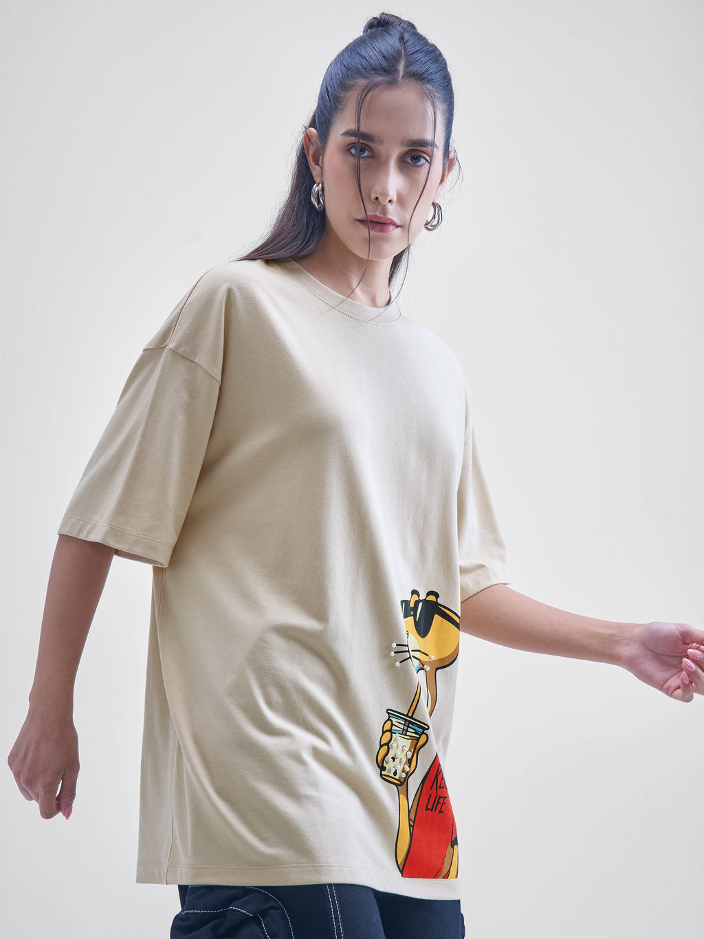 Street By Tokyo Talkies Women Beige Printed Round Neck Oversized Fit T-Shirt - Beige - Image 6