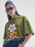 Street By Tokyo Talkies Women Olive Printed Round Neck Oversized Fit T-Shirt - Olive - Image 1
