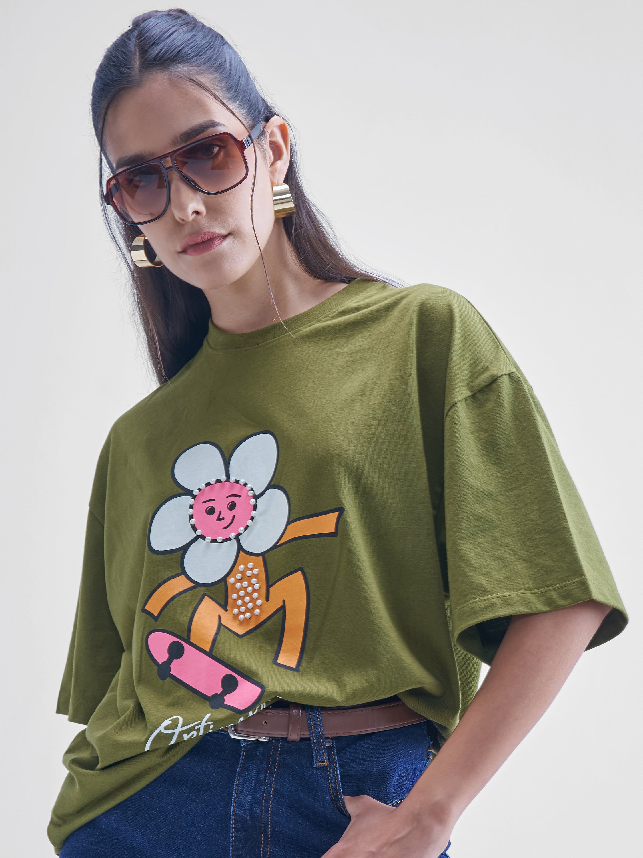 Street By Tokyo Talkies Women Olive Printed Round Neck Oversized Fit T-Shirt - Olive - Image 1