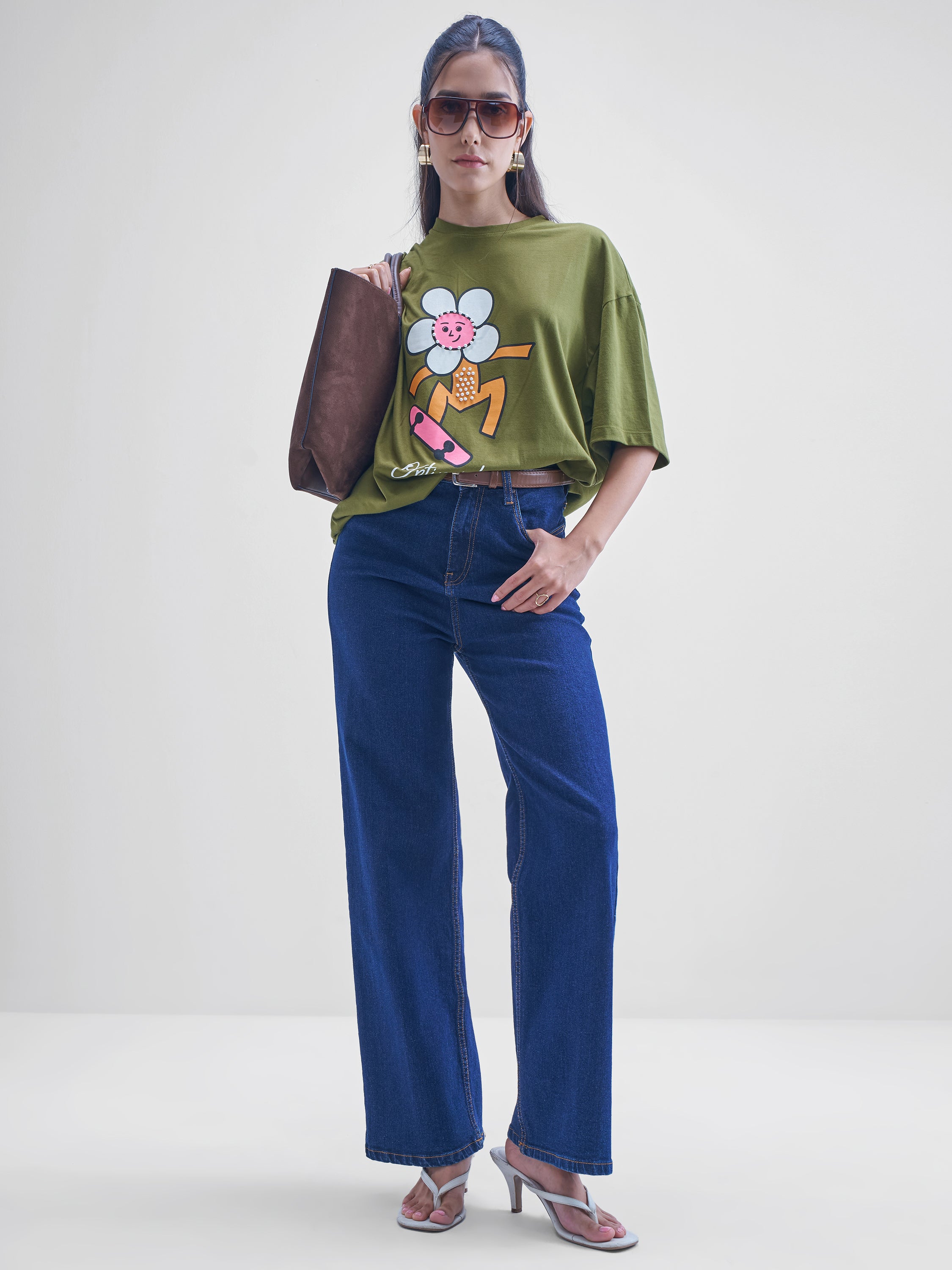 Street By Tokyo Talkies Women Olive Printed Round Neck Oversized Fit T-Shirt - Olive - Image 2