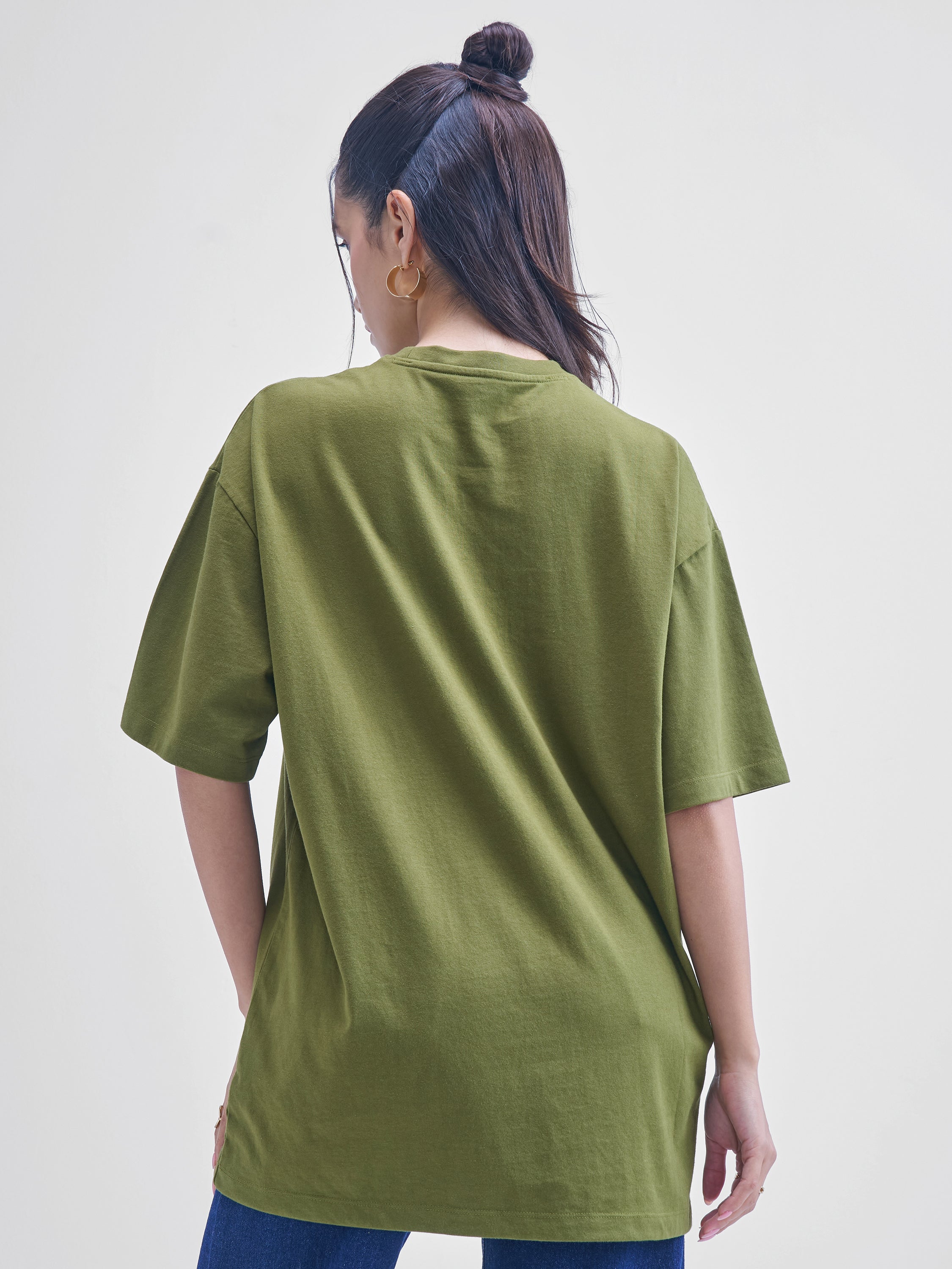 Street By Tokyo Talkies Women Olive Printed Round Neck Oversized Fit T-Shirt - Olive - Image 3