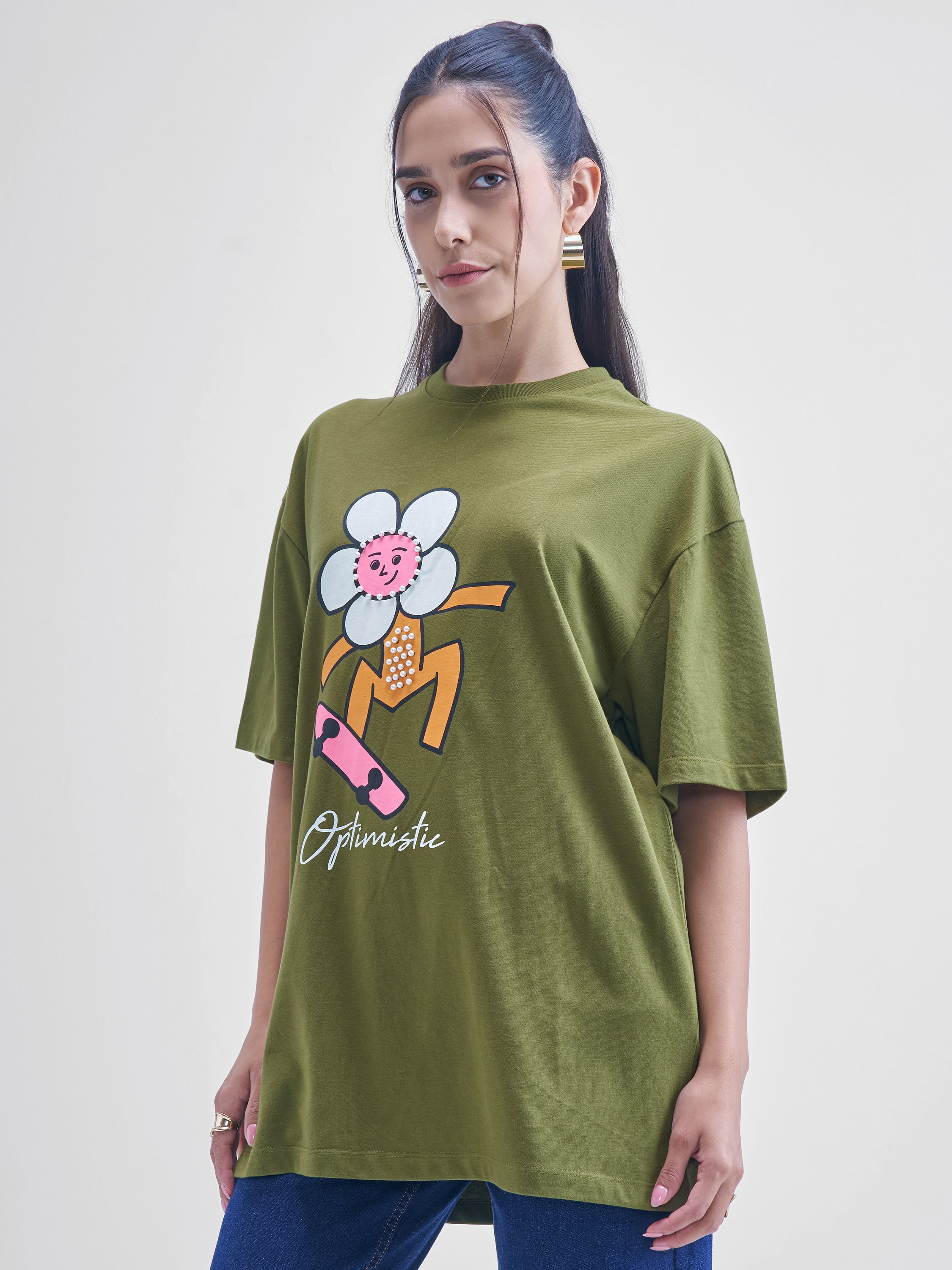 Street By Tokyo Talkies Women Olive Printed Round Neck Oversized Fit T-Shirt - Olive - Image 4