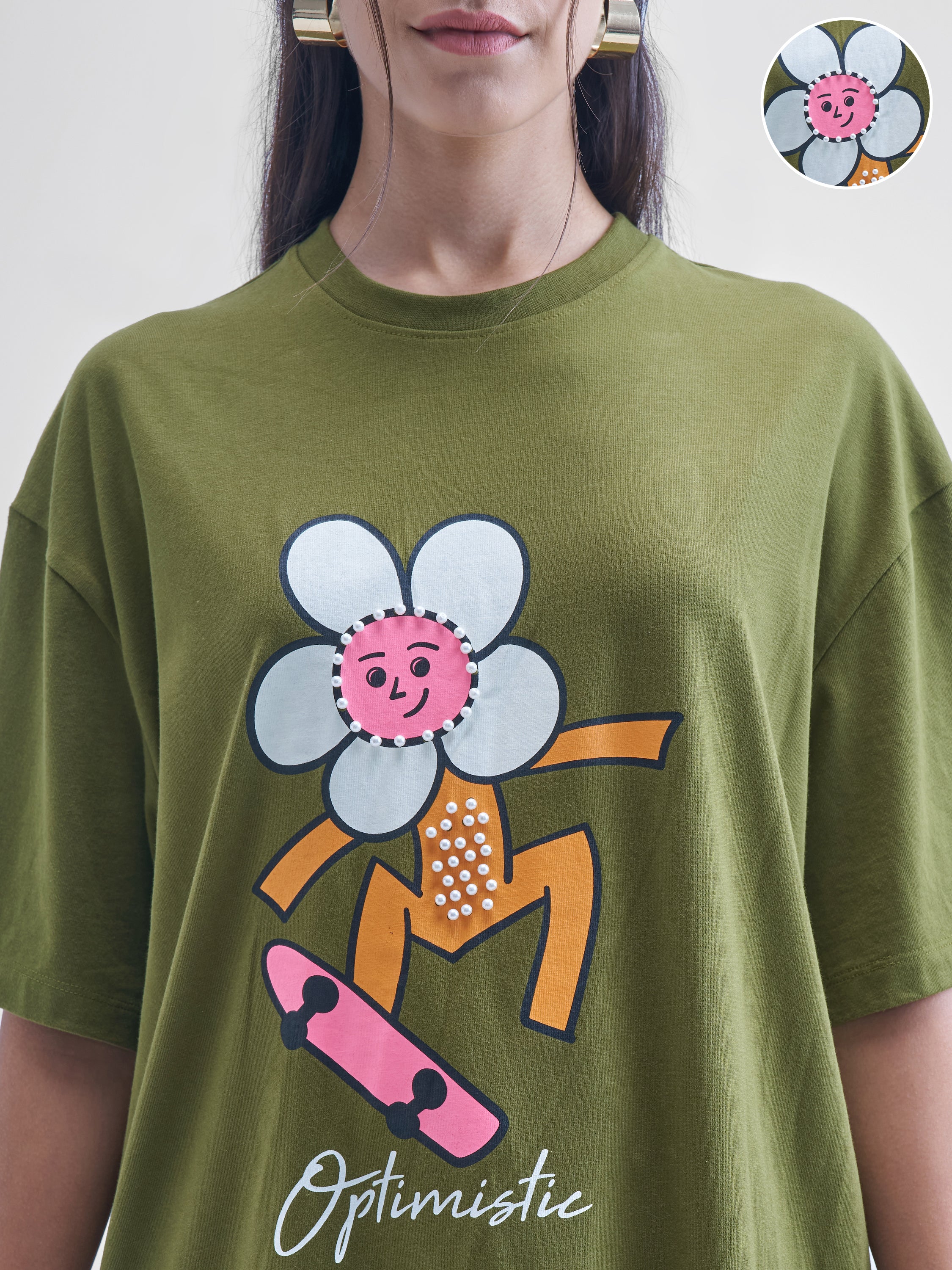 Street By Tokyo Talkies Women Olive Printed Round Neck Oversized Fit T-Shirt - Olive - Image 5