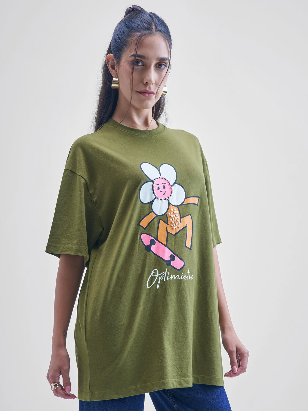 Street By Tokyo Talkies Women Olive Printed Round Neck Oversized Fit T-Shirt - Olive - Image 6