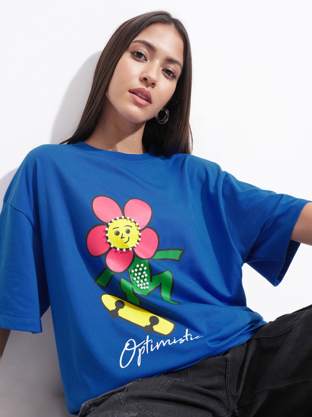 Tokyo Talkies Women Blue Printed Round Neck Oversized Fit T-Shirt - Blue - Image 1