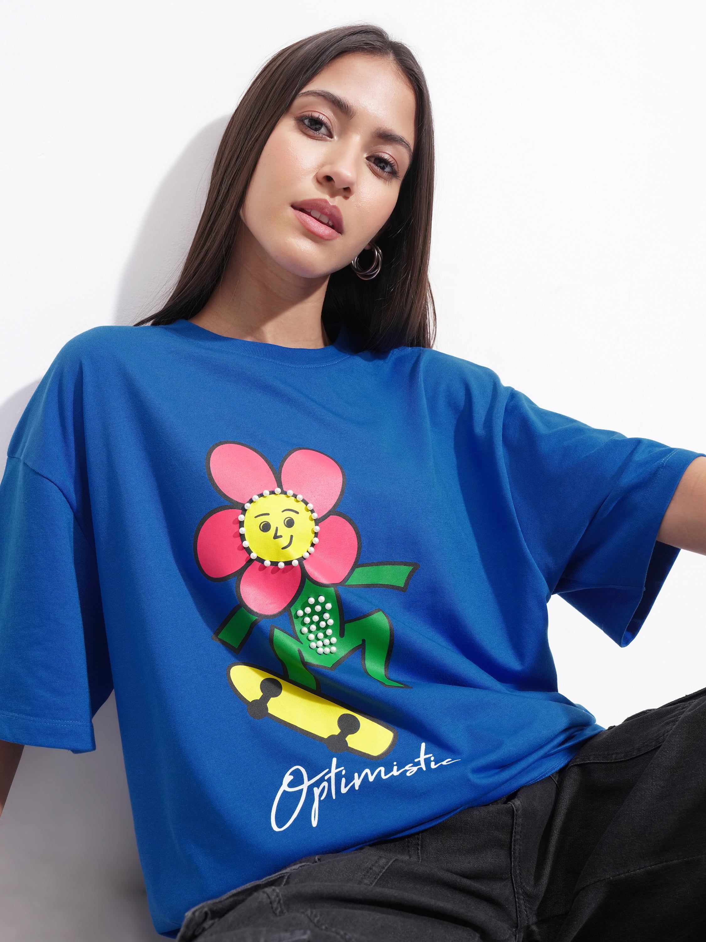 Tokyo Talkies Women Blue Printed Round Neck Oversized Fit T-Shirt - Blue - Image 1