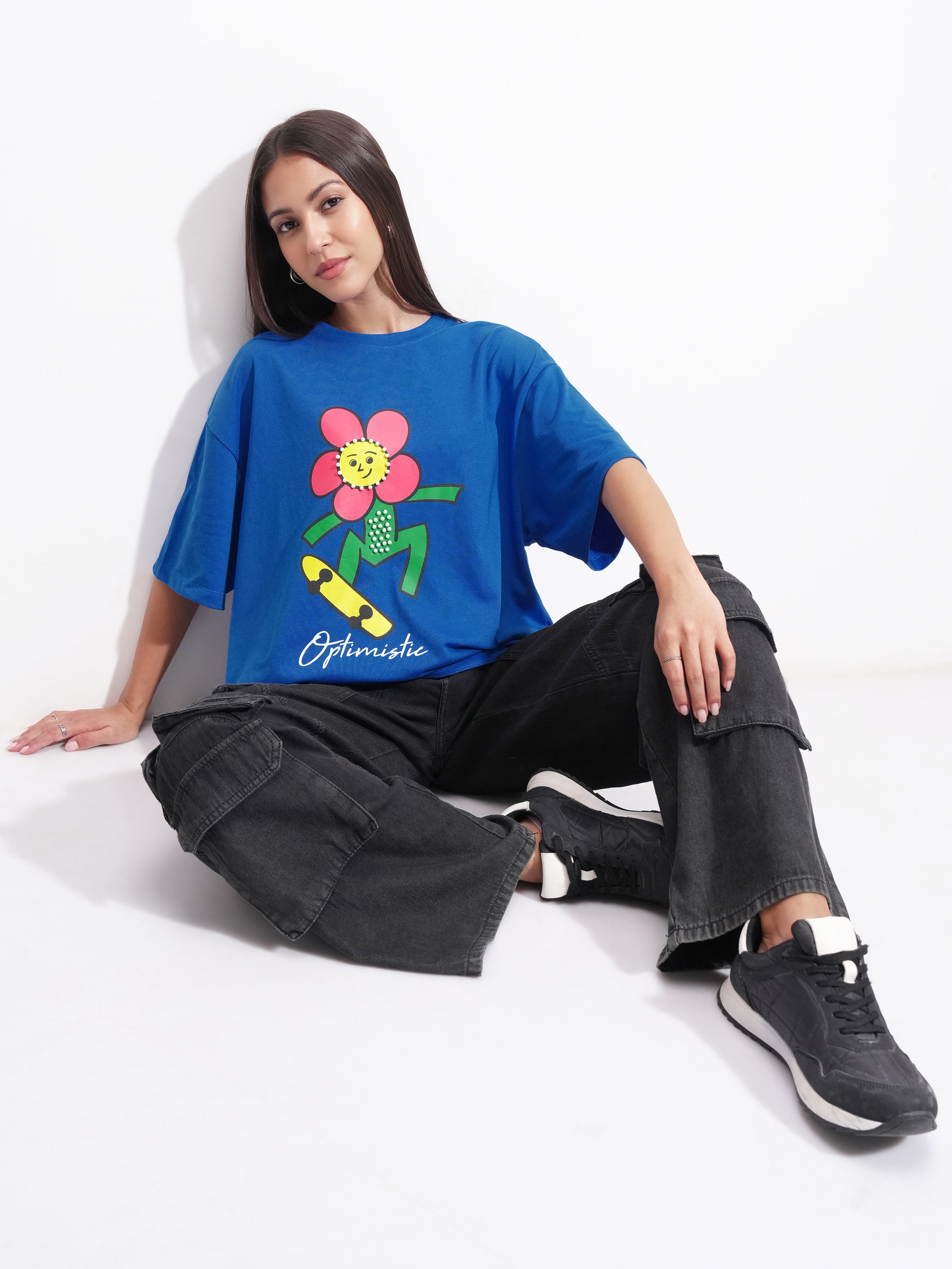 Tokyo Talkies Women Blue Printed Round Neck Oversized Fit T-Shirt - Blue - Image 2