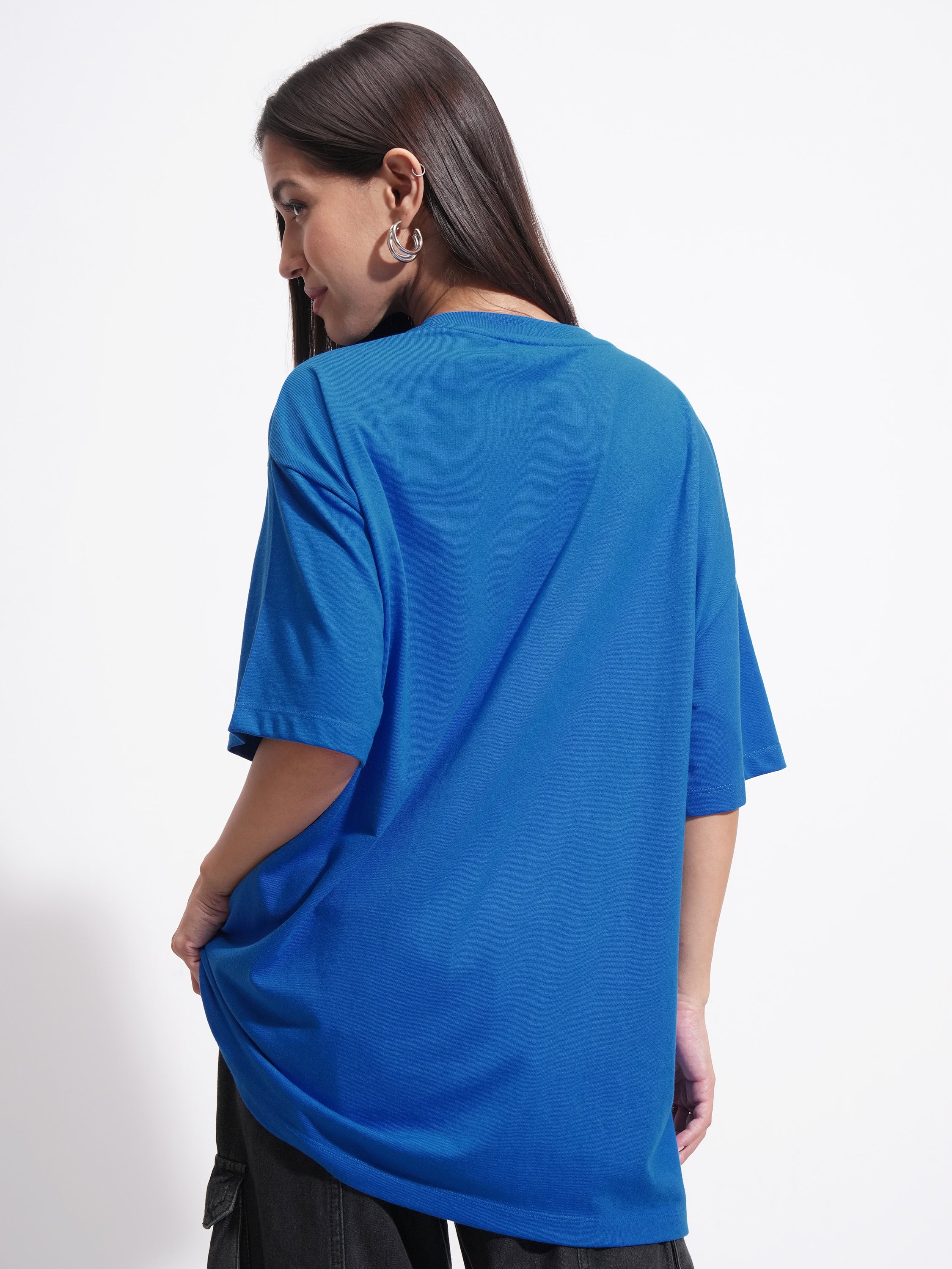 Tokyo Talkies Women Blue Printed Round Neck Oversized Fit T-Shirt - Blue - Image 3