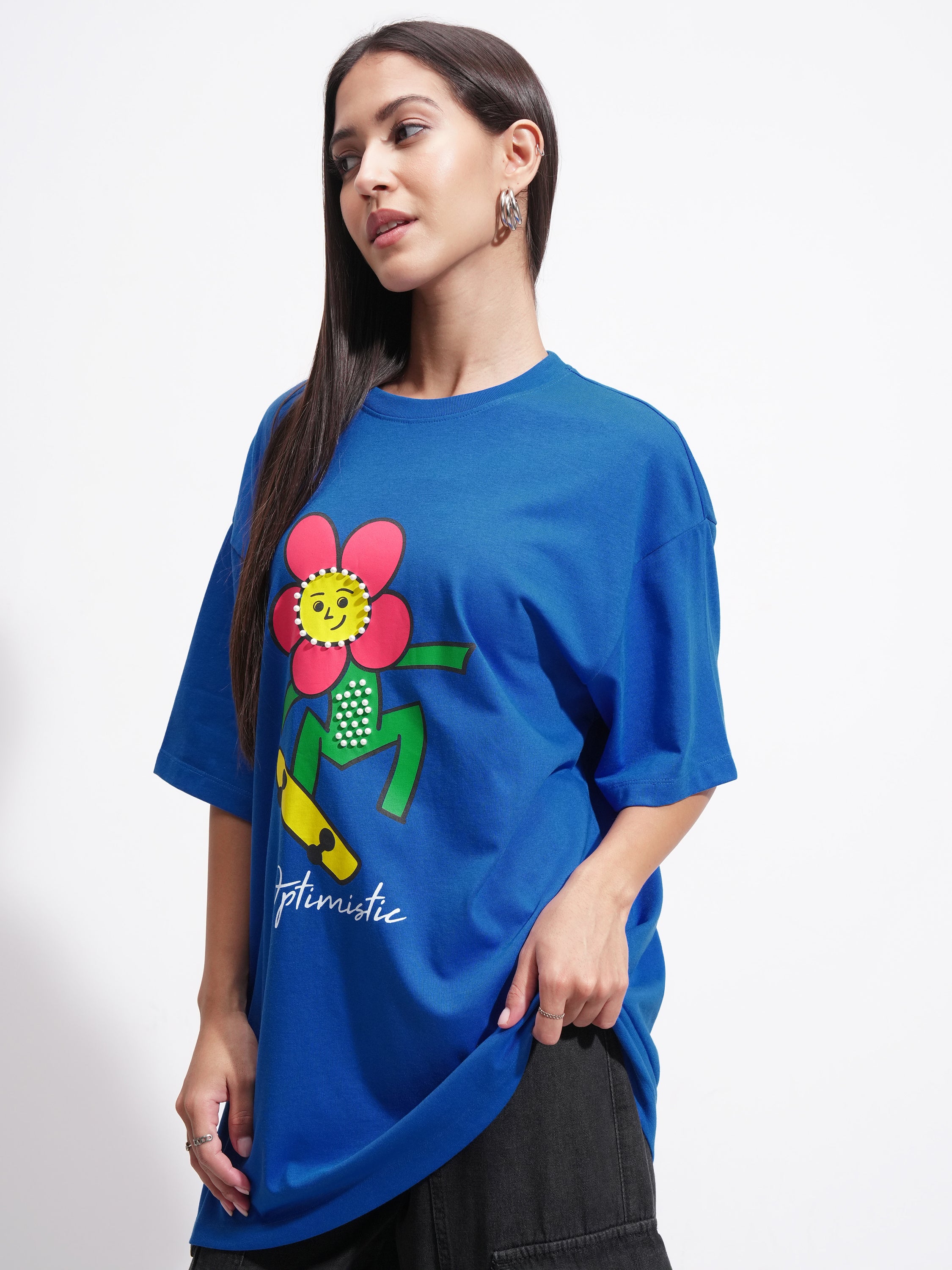 Tokyo Talkies Women Blue Printed Round Neck Oversized Fit T-Shirt - Blue - Image 4