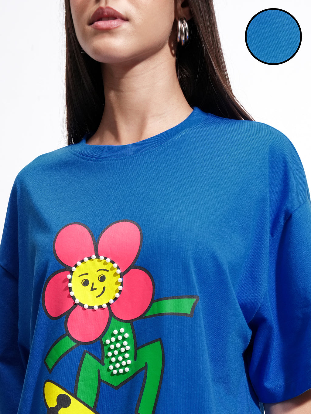 Tokyo Talkies Women Blue Printed Round Neck Oversized Fit T-Shirt - Blue - Image 5