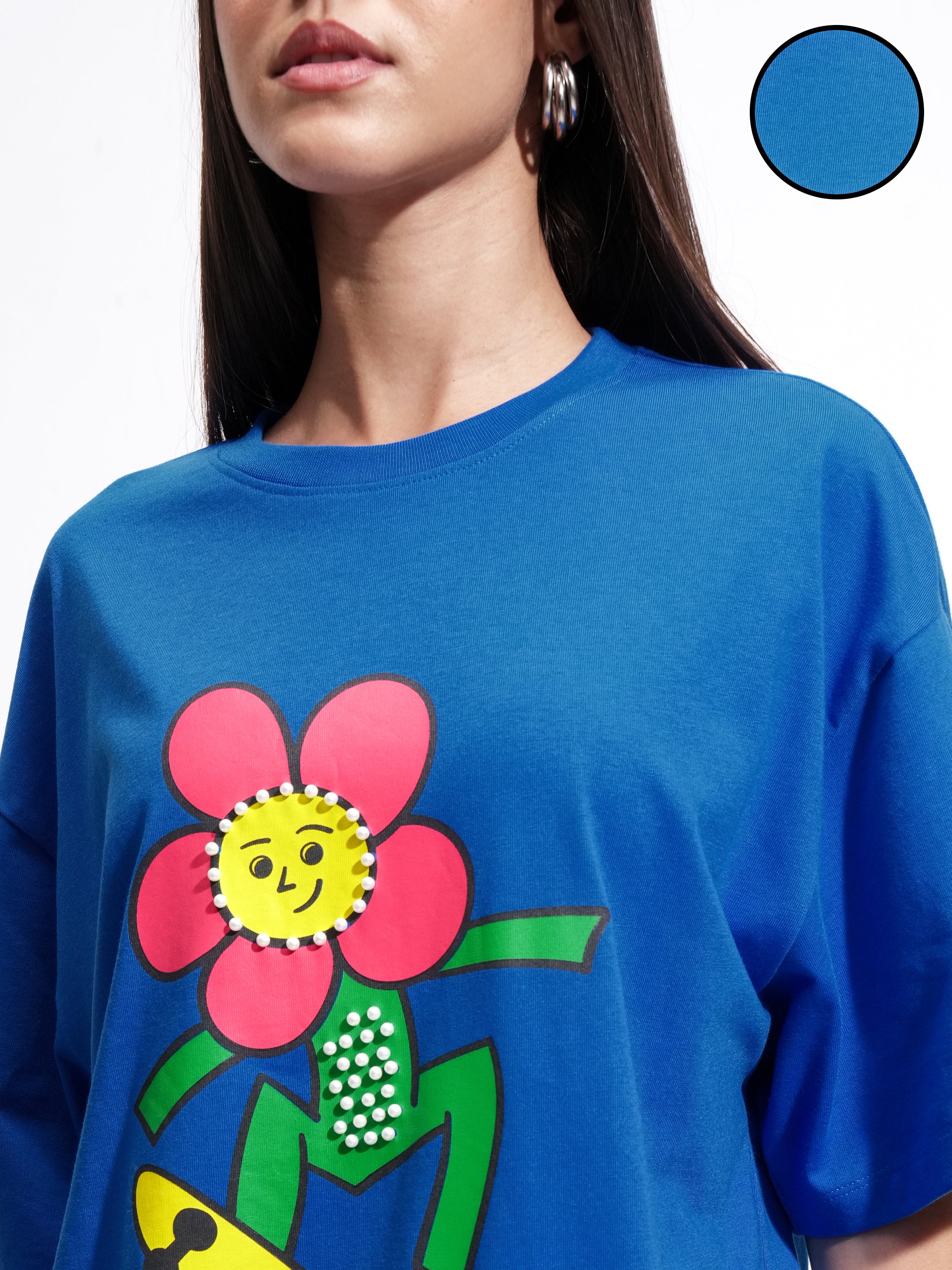 Tokyo Talkies Women Blue Printed Round Neck Oversized Fit T-Shirt - Blue - Image 5