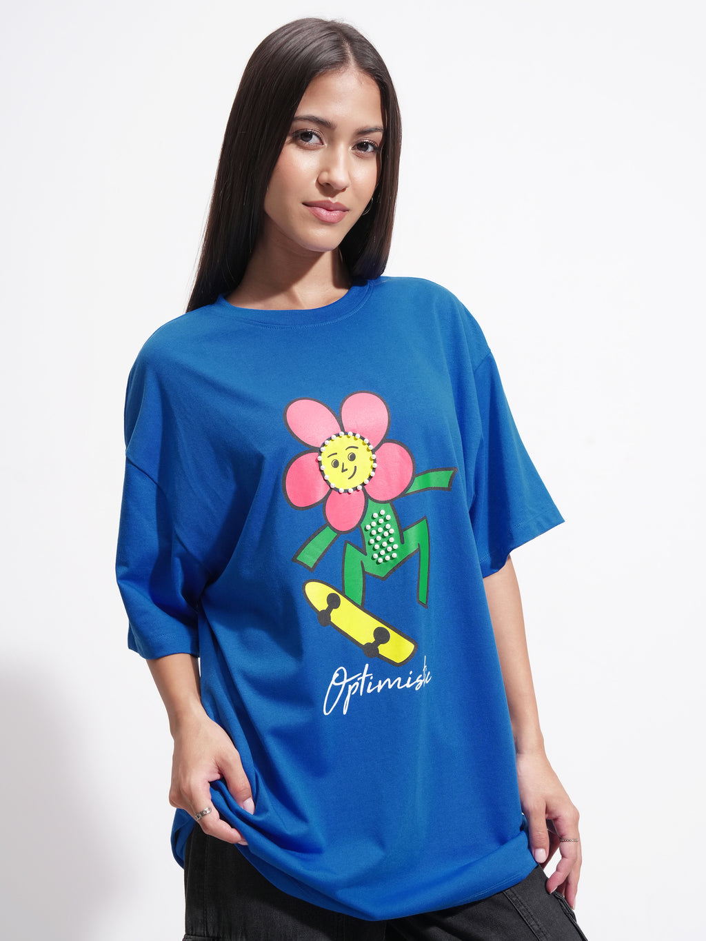 Tokyo Talkies Women Blue Printed Round Neck Oversized Fit T-Shirt - Blue - Image 6