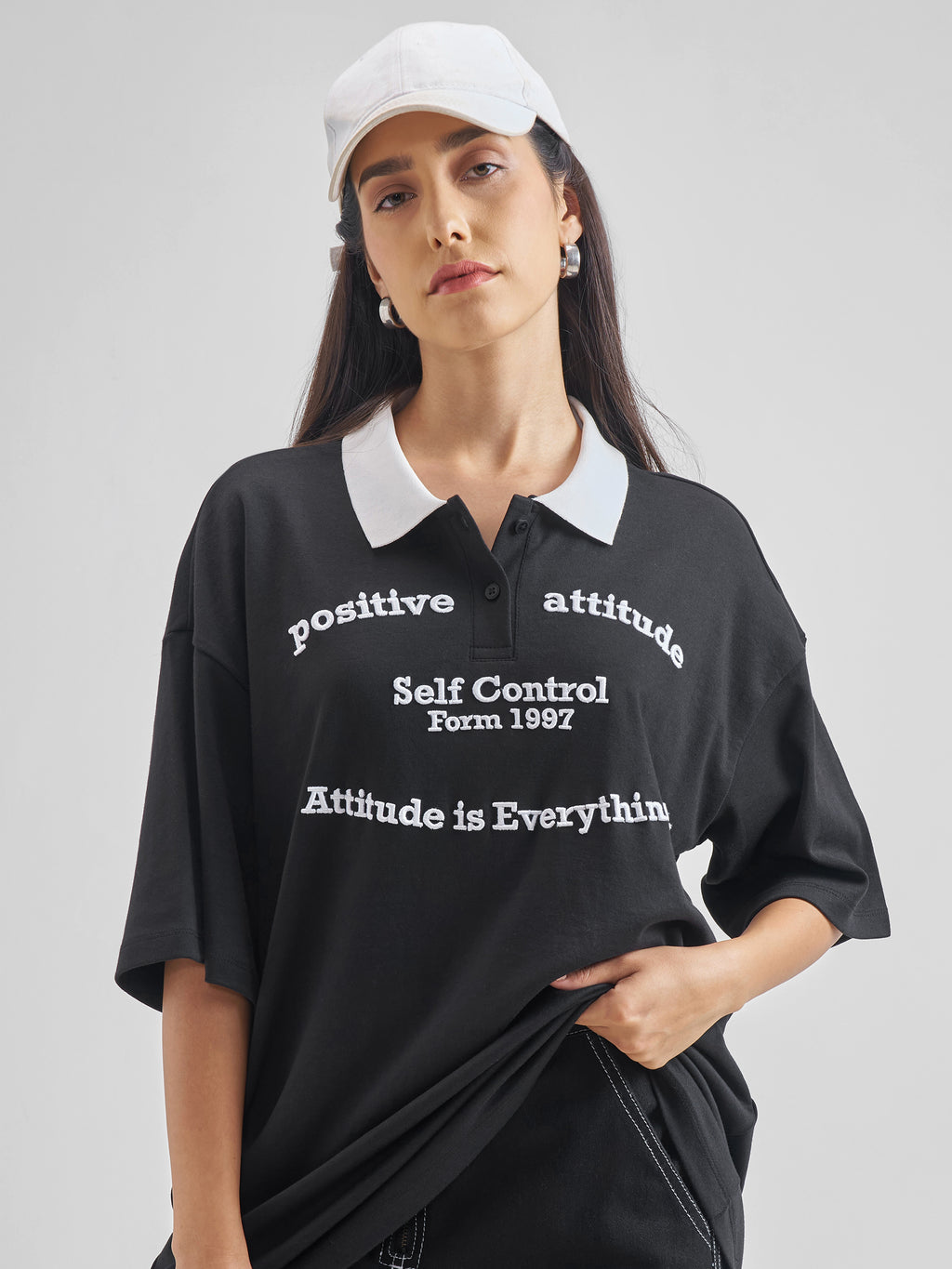 Street By Tokyo Talkies Women Black Printed Polo Collar Oversized Fit Polo T-Shirt - Black - Image 1