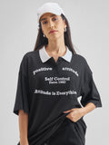Street By Tokyo Talkies Women Black Printed Polo Collar Oversized Fit Polo T-Shirt - Black - Image 1