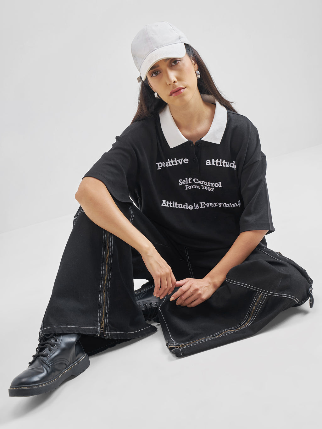 Street By Tokyo Talkies Women Black Printed Polo Collar Oversized Fit Polo T-Shirt - Black - Image 2