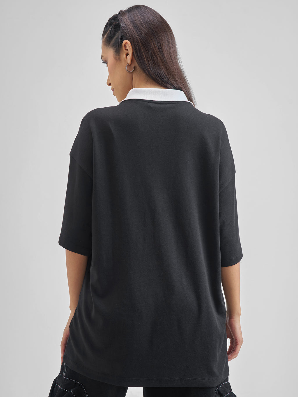Street By Tokyo Talkies Women Black Printed Polo Collar Oversized Fit Polo T-Shirt - Black - Image 3