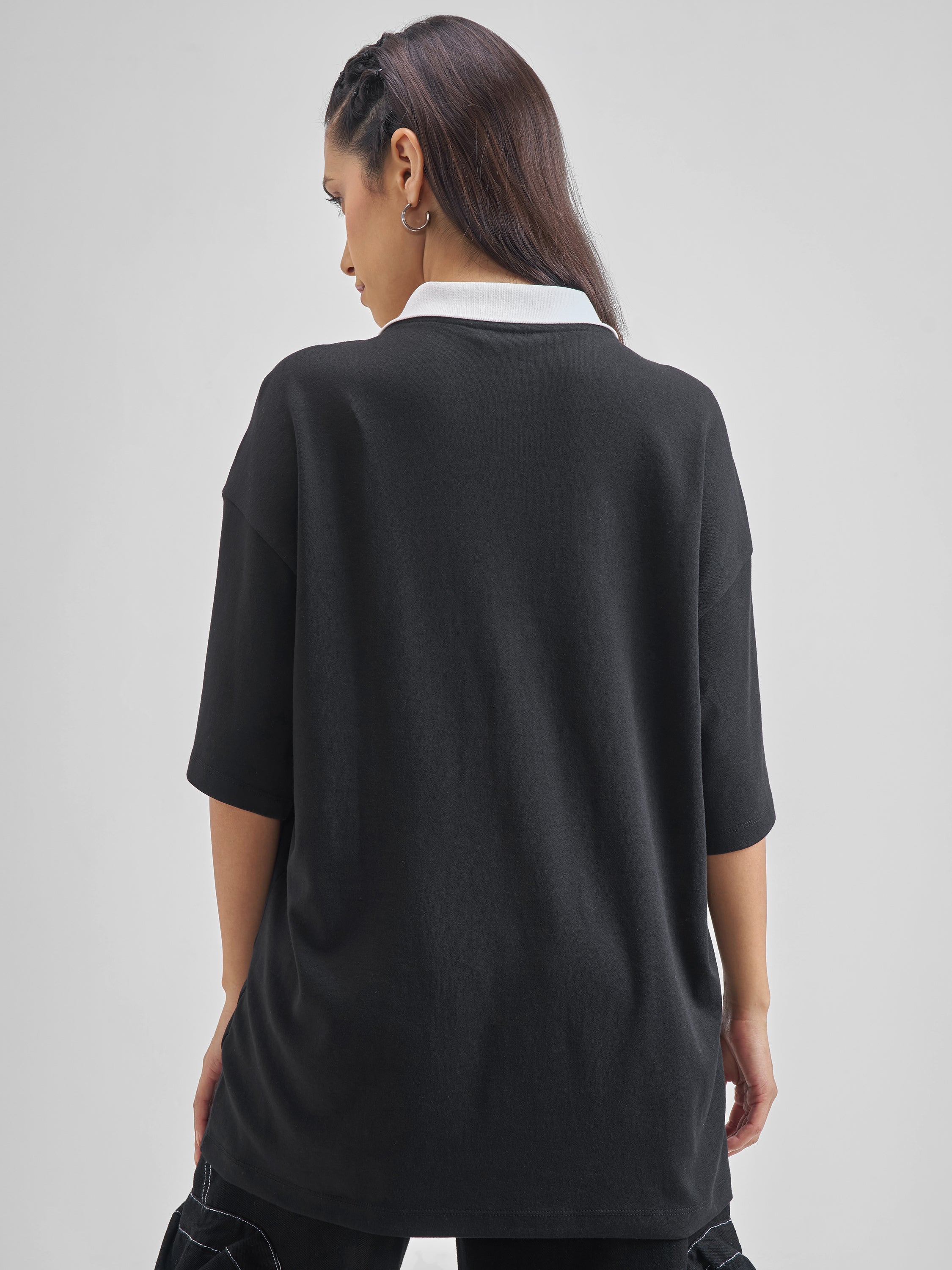 Street By Tokyo Talkies Women Black Printed Polo Collar Oversized Fit Polo T-Shirt - Black - Image 3