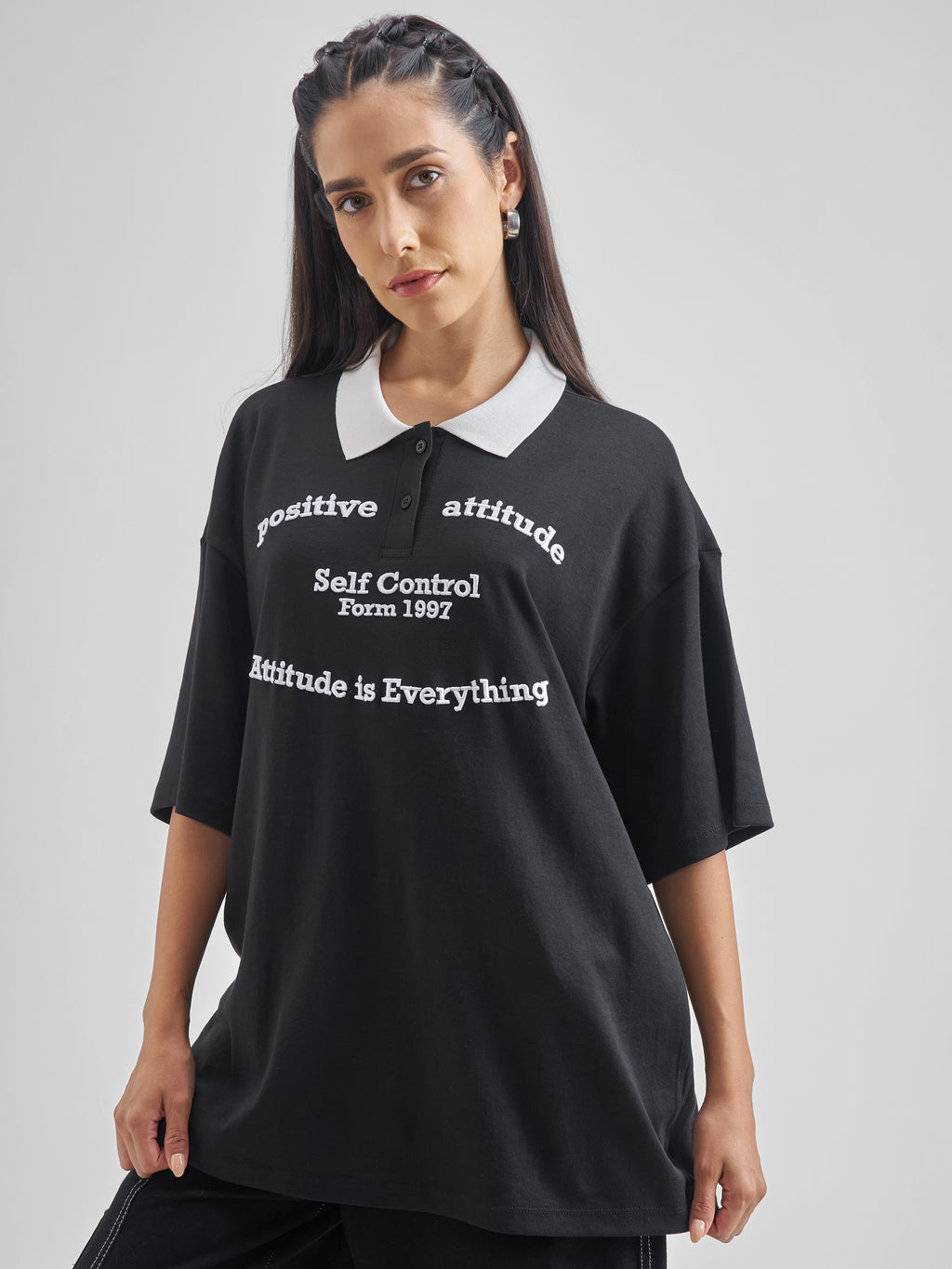 Street By Tokyo Talkies Women Black Printed Polo Collar Oversized Fit Polo T-Shirt - Black - Image 4