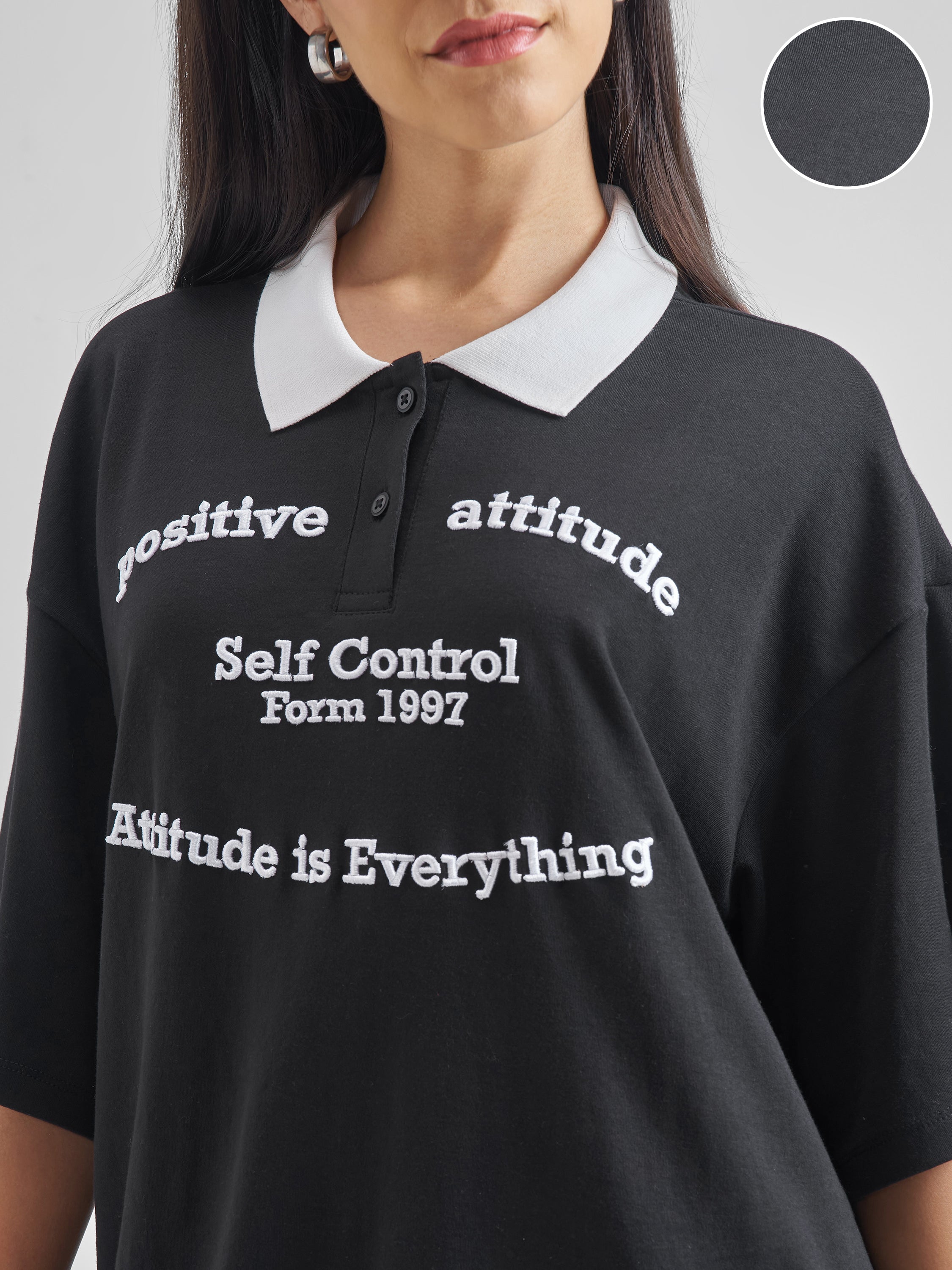 Street By Tokyo Talkies Women Black Printed Polo Collar Oversized Fit Polo T-Shirt - Black - Image 5