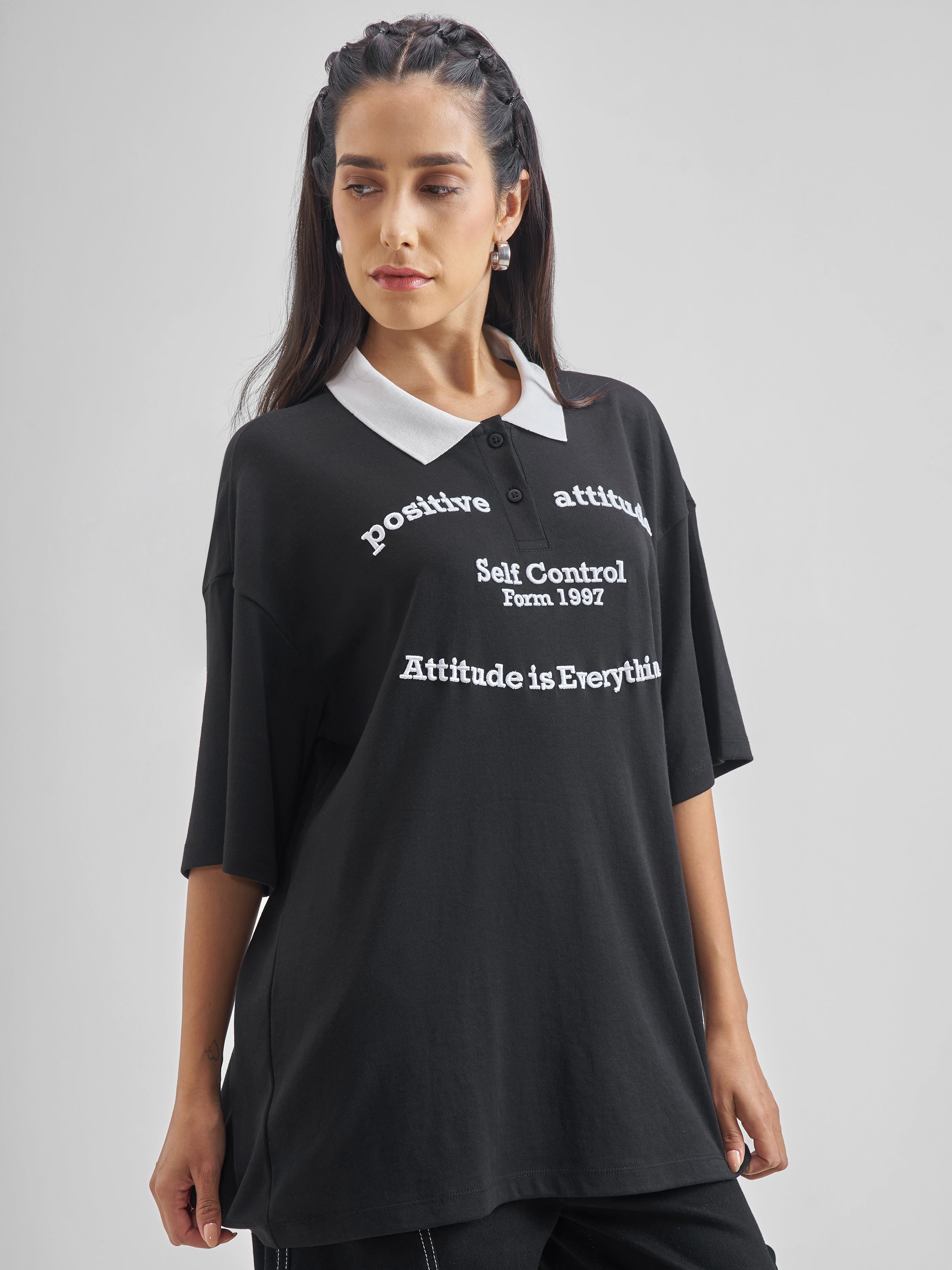 Street By Tokyo Talkies Women Black Printed Polo Collar Oversized Fit Polo T-Shirt - Black - Image 6