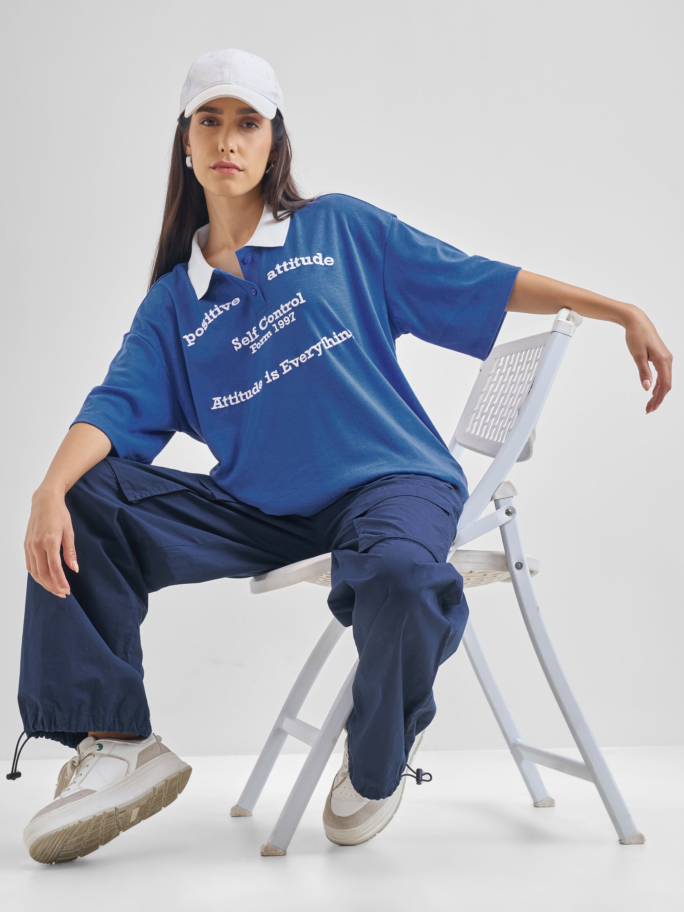 Street By Tokyo Talkies Women Blue Printed Polo Collar Oversized Fit Polo T-Shirt - Blue - Image 2
