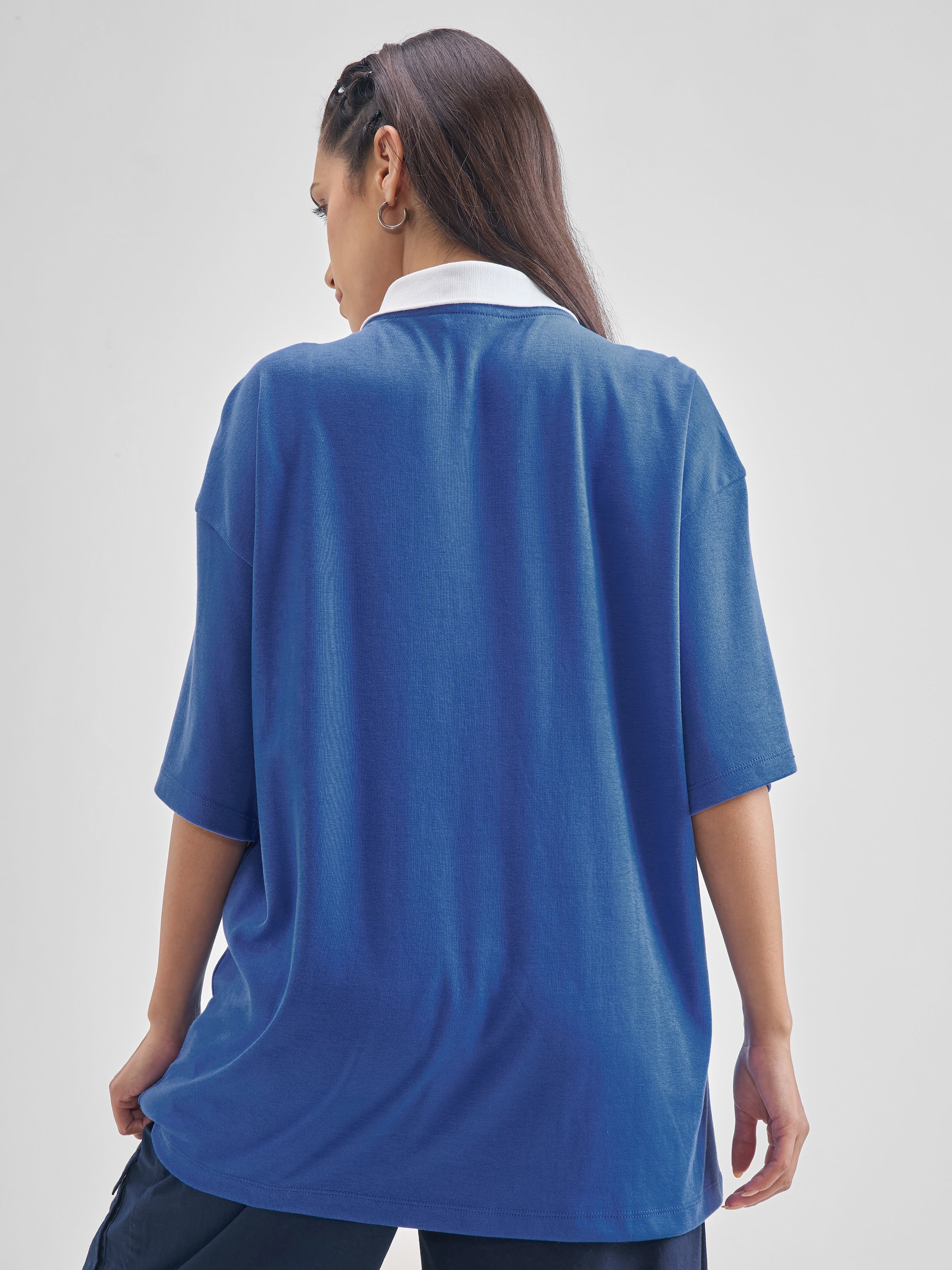Street By Tokyo Talkies Women Blue Printed Polo Collar Oversized Fit Polo T-Shirt - Blue - Image 3