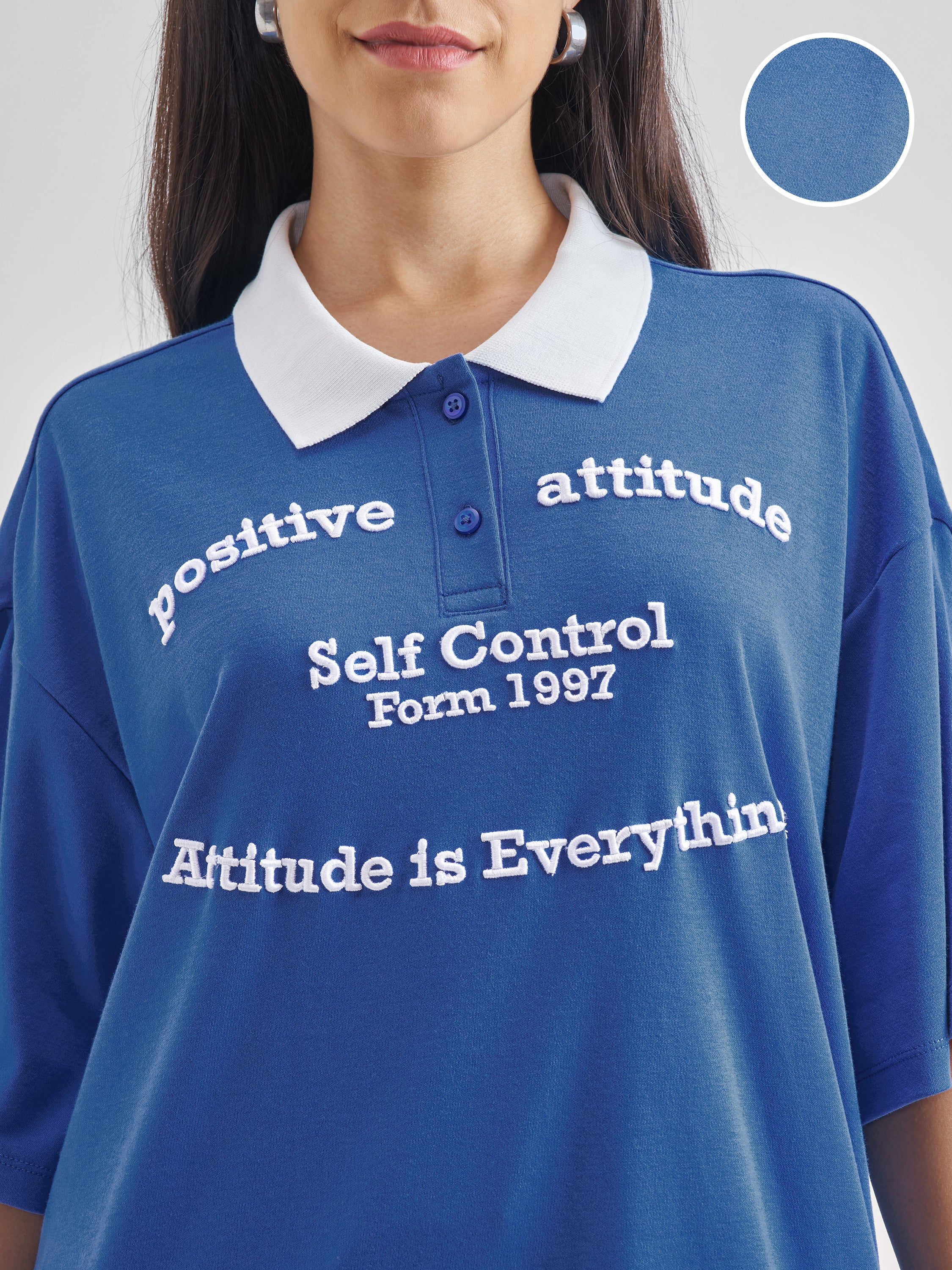 Street By Tokyo Talkies Women Blue Printed Polo Collar Oversized Fit Polo T-Shirt - Blue - Image 5