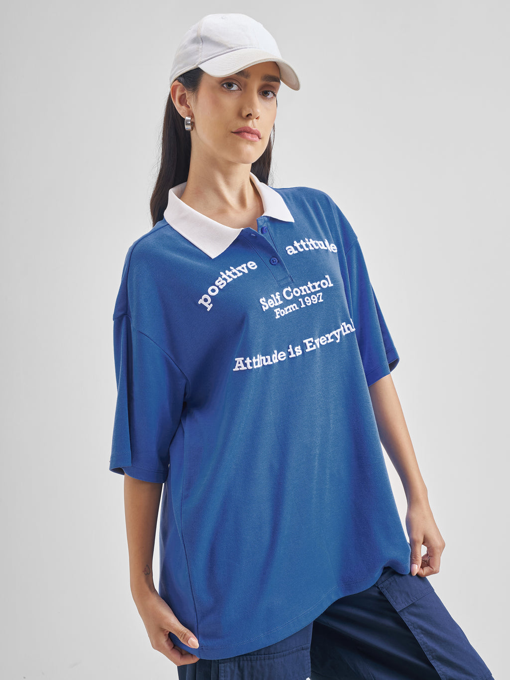 Street By Tokyo Talkies Women Blue Printed Polo Collar Oversized Fit Polo T-Shirt - Blue - Image 6