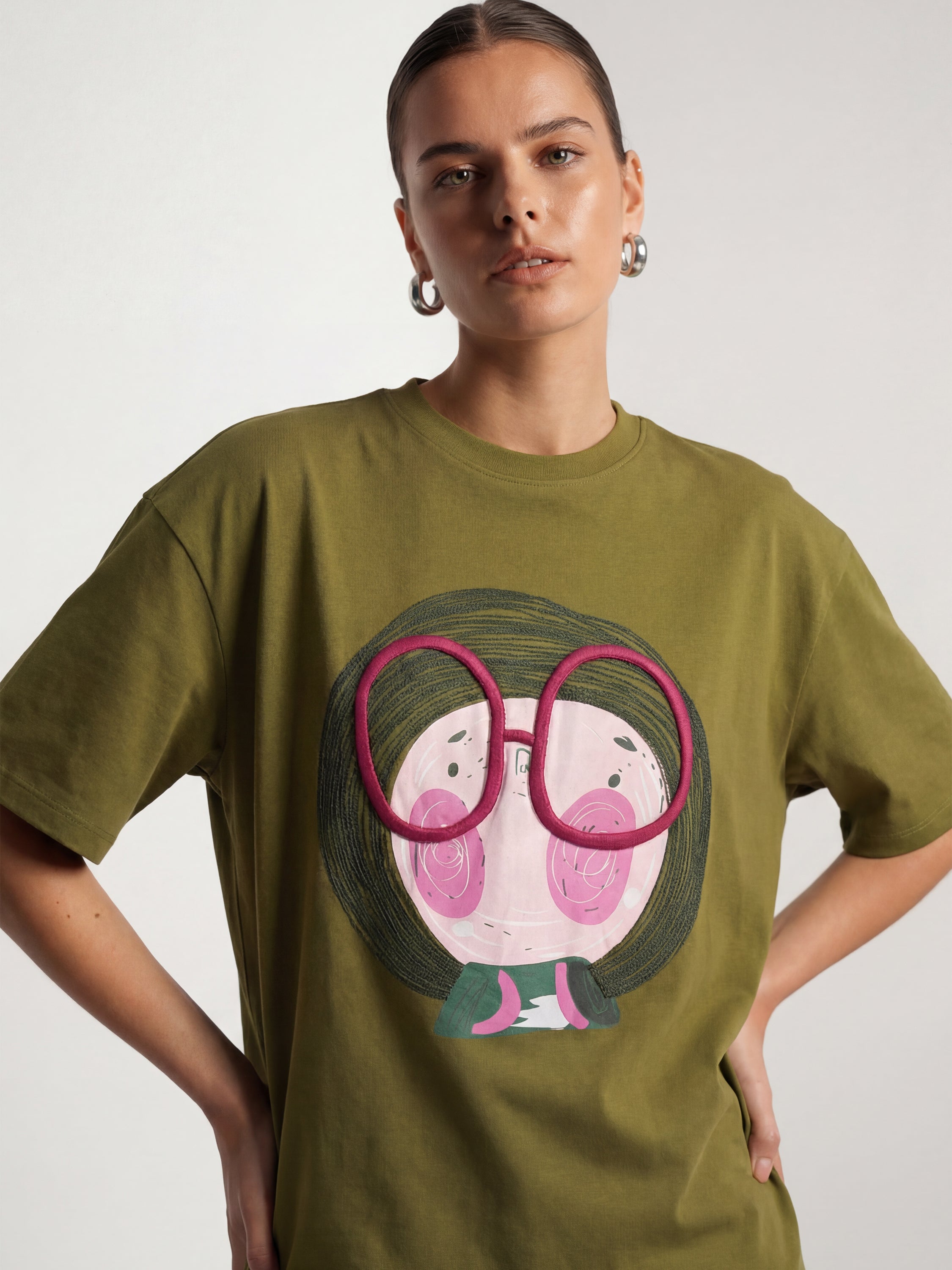 Tokyo Talkies Women Olive Embroidered Round Neck T-Shirt - Olive - Image 1