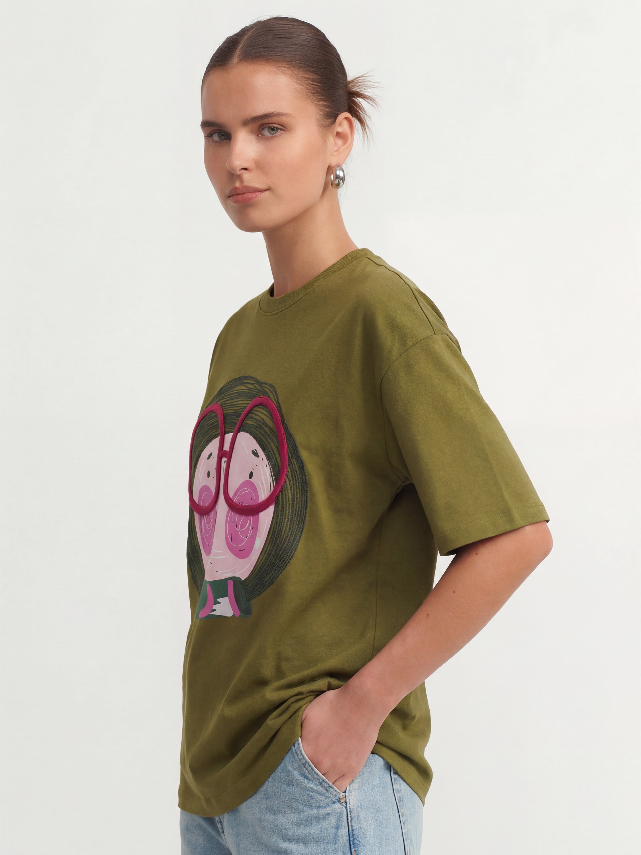 Tokyo Talkies Women Olive Embroidered Round Neck T-Shirt - Olive - Image 4