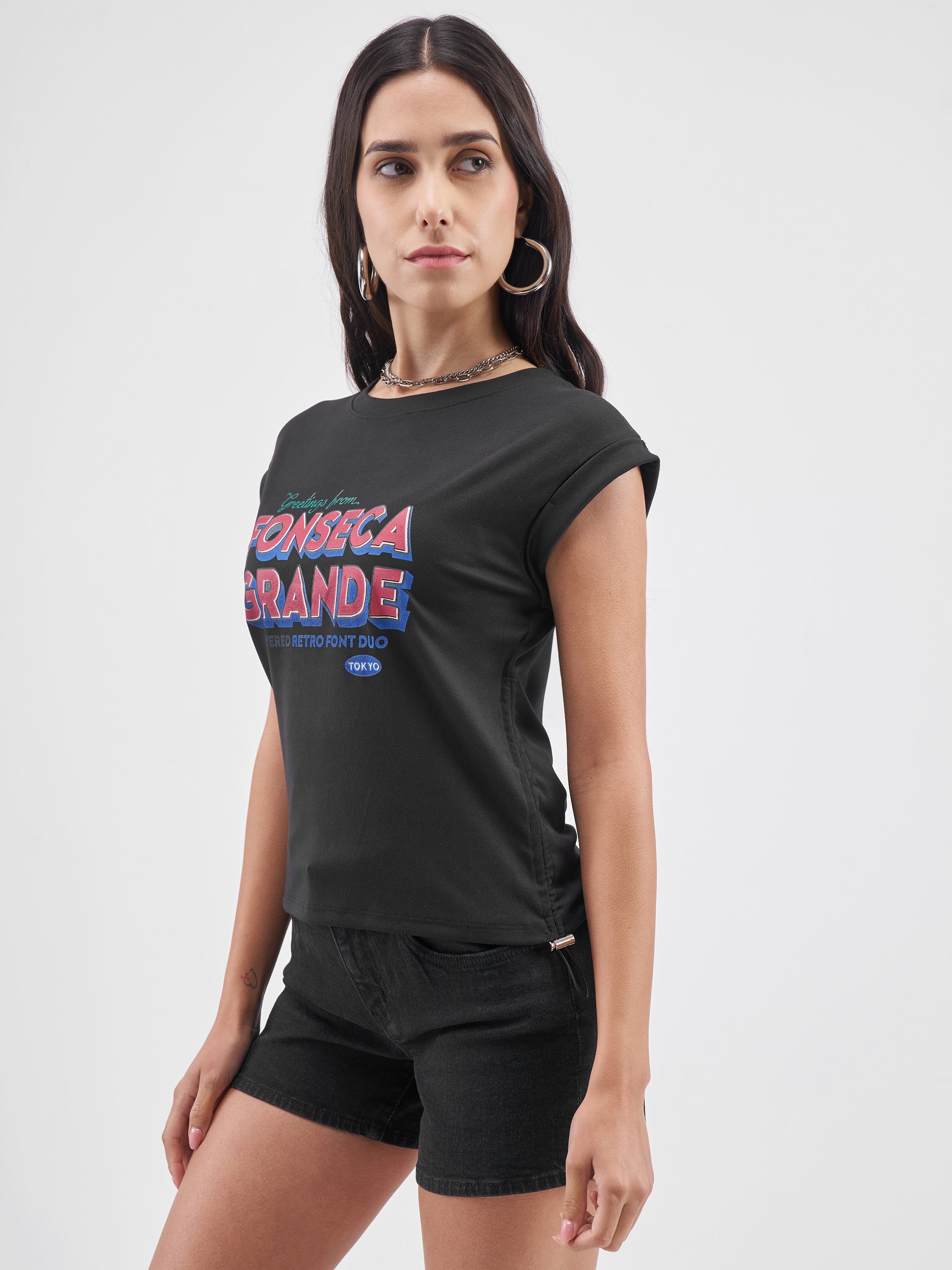 Street By Tokyo Talkies Women Black Printed Round Neck T-Shirt - Black - Image 4
