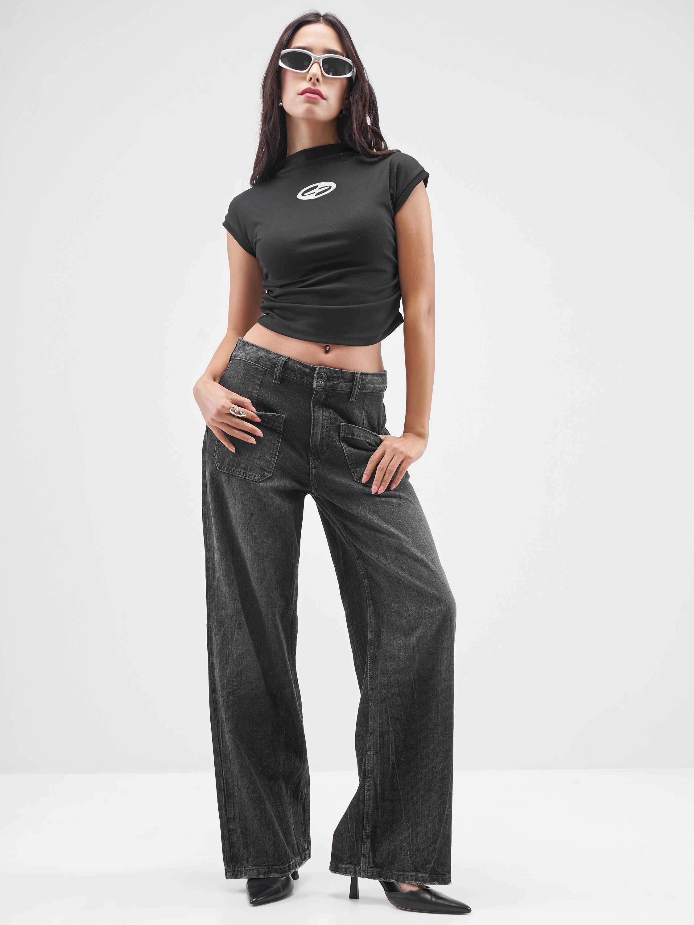 Street By Tokyo Talkies Women Black Printed High Neck T-Shirt - Black - Image 2