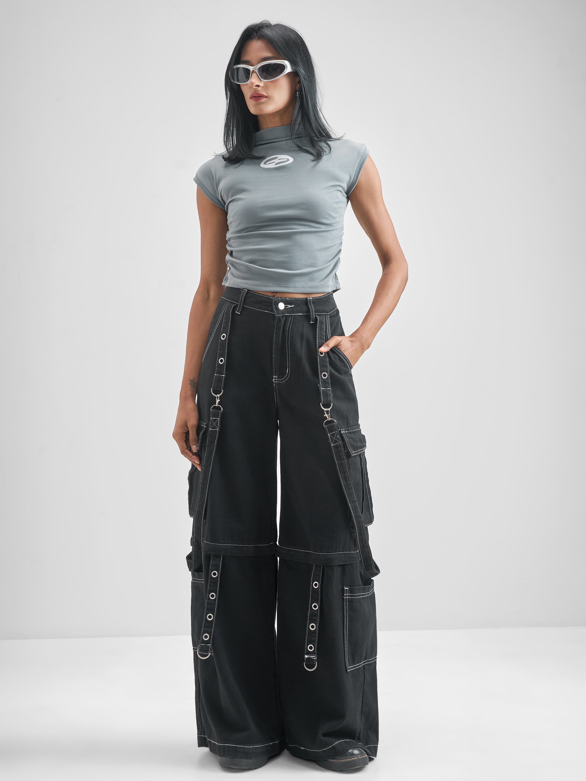 Street By Tokyo Talkies Women Grey Embroidered High Neck T-Shirt - Grey - Image 2