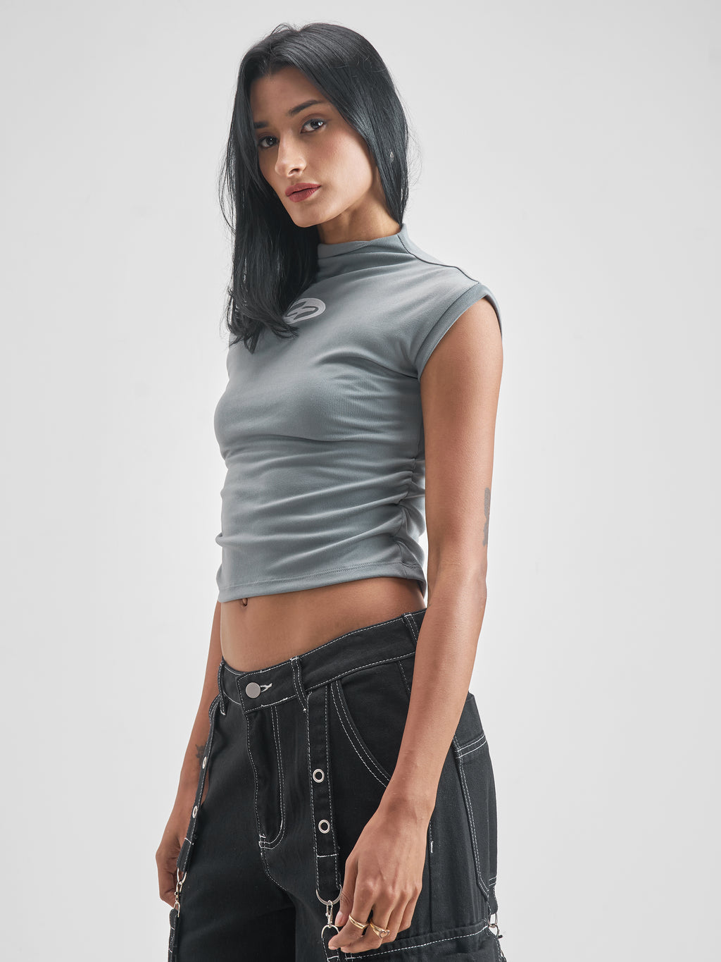 Street By Tokyo Talkies Women Grey Embroidered High Neck T-Shirt - Grey - Image 4