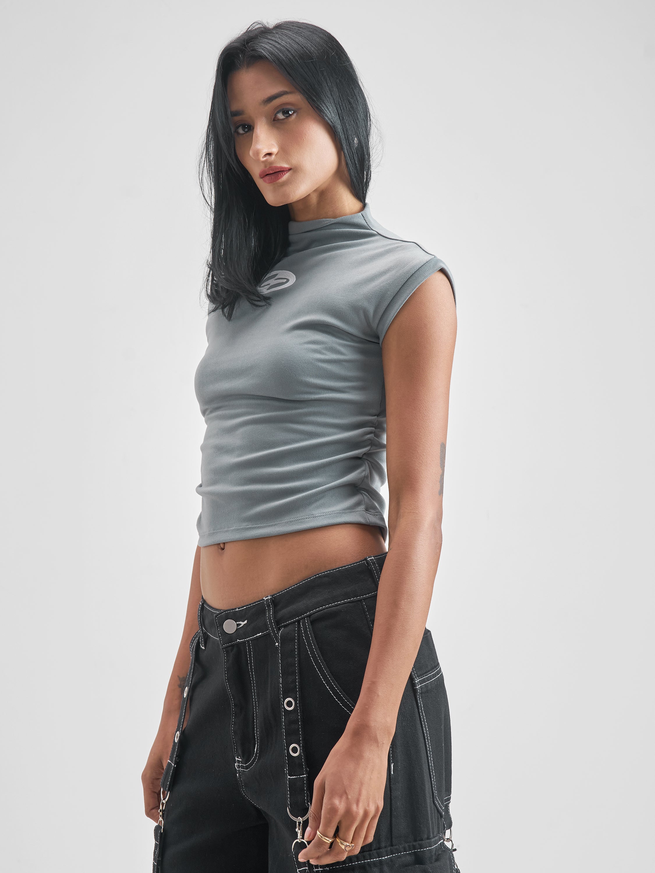 Street By Tokyo Talkies Women Grey Embroidered High Neck T-Shirt - Grey - Image 4