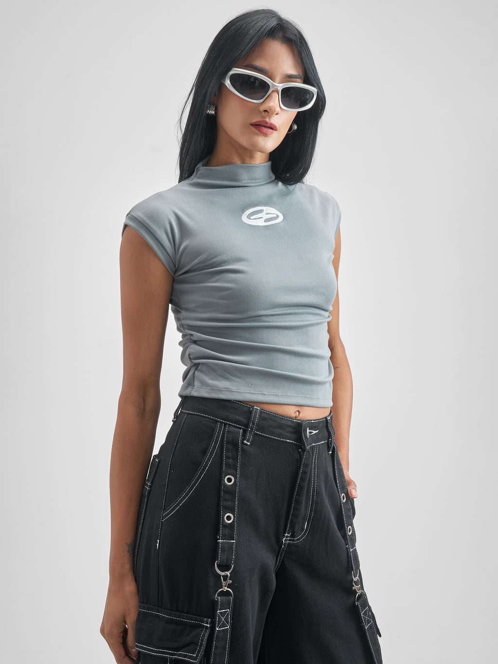 Street By Tokyo Talkies Women Grey Embroidered High Neck T-Shirt - Grey - Image 6