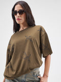 Street By Tokyo Talkies Women Brown Printed Round Neck Oversized Fit T-Shirt - Brown - Image 1