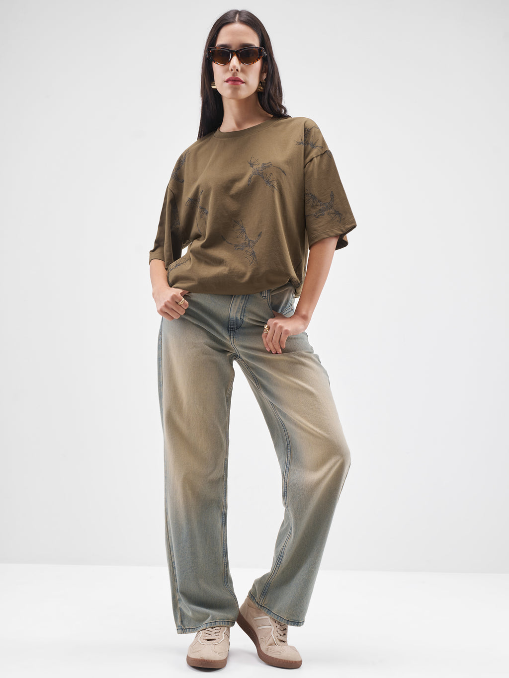 Street By Tokyo Talkies Women Brown Printed Round Neck Oversized Fit T-Shirt - Brown - Image 2