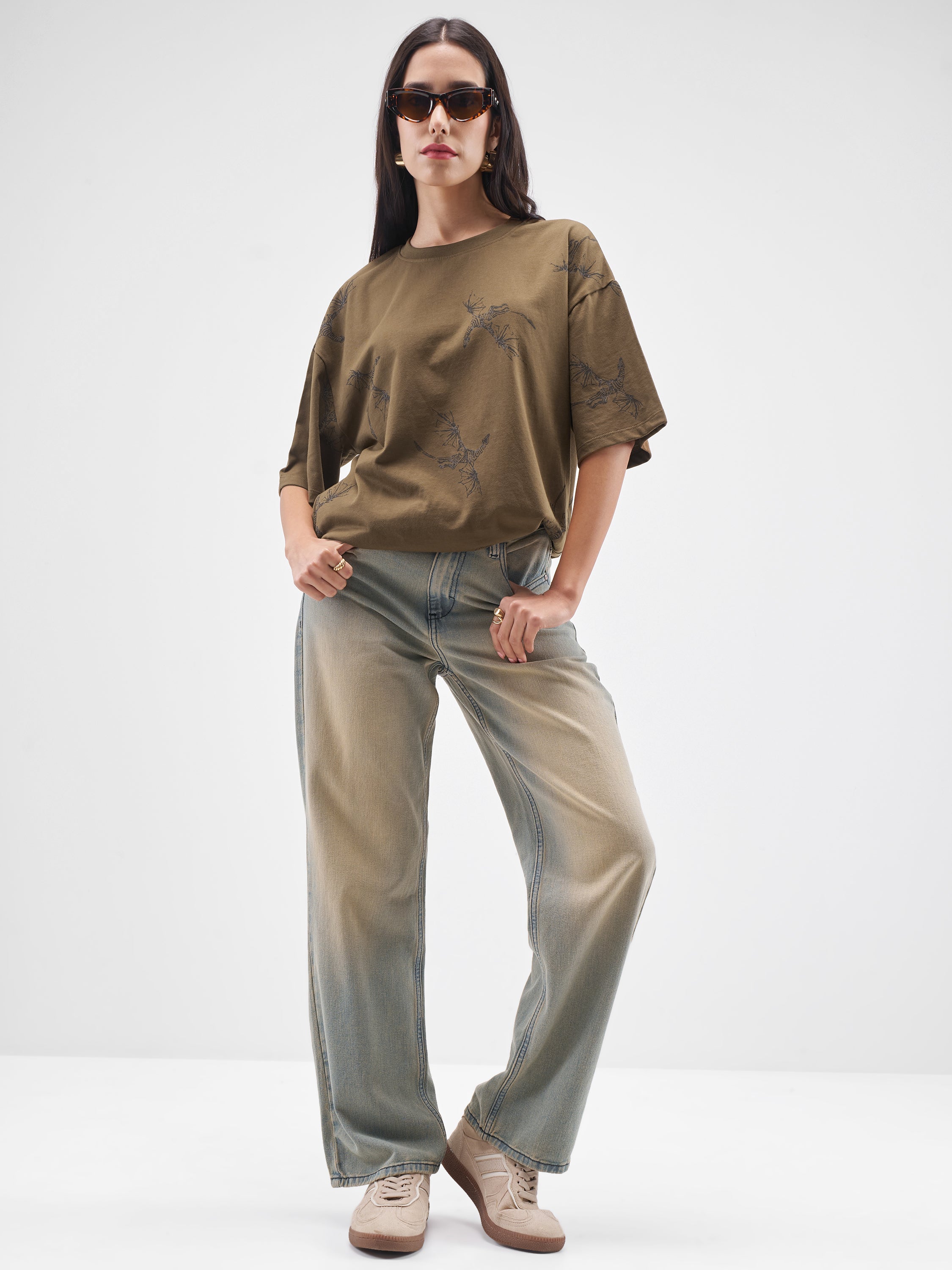 Street By Tokyo Talkies Women Brown Printed Round Neck Oversized Fit T-Shirt - Brown - Image 2