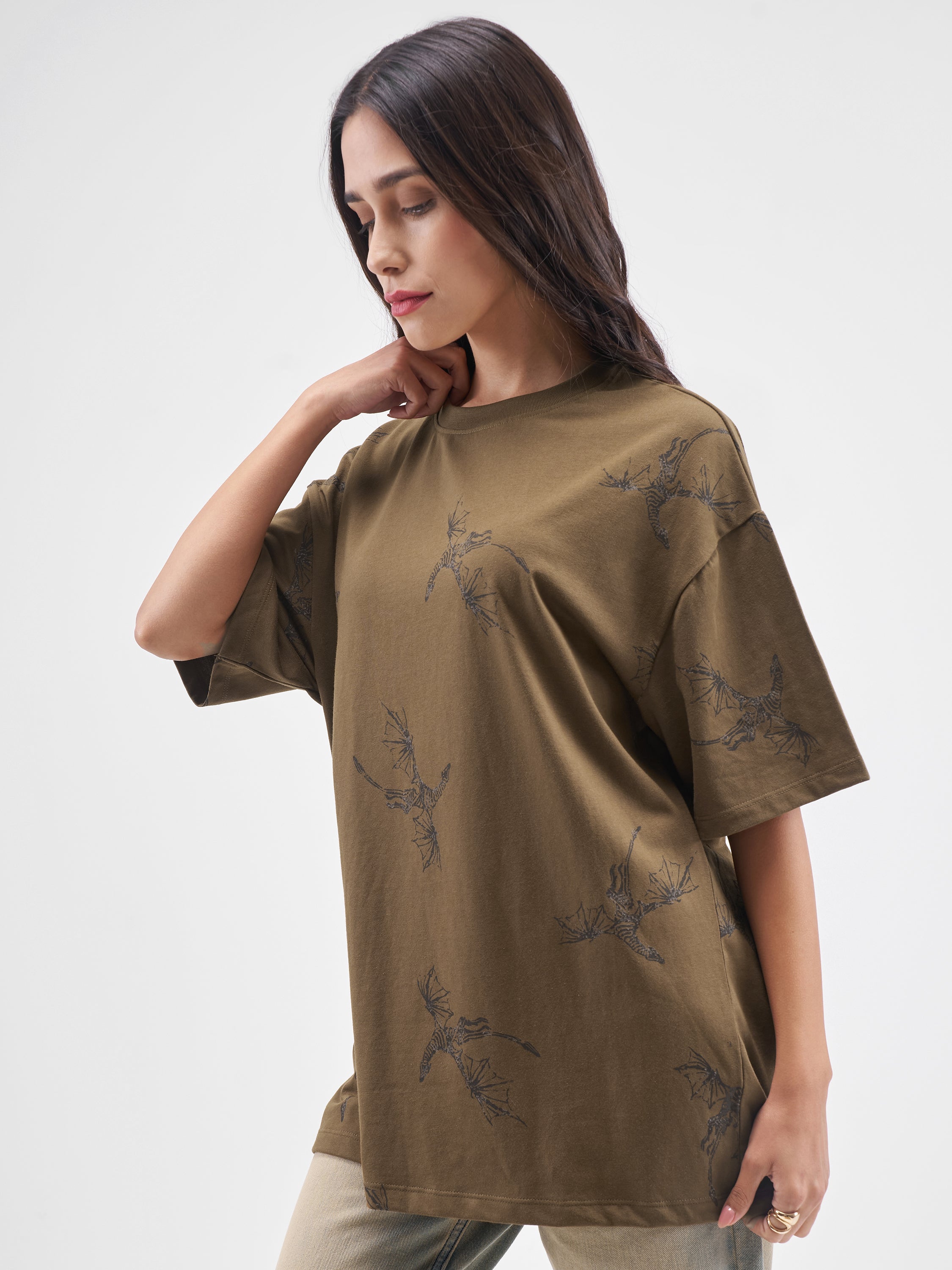 Street By Tokyo Talkies Women Brown Printed Round Neck Oversized Fit T-Shirt - Brown - Image 4
