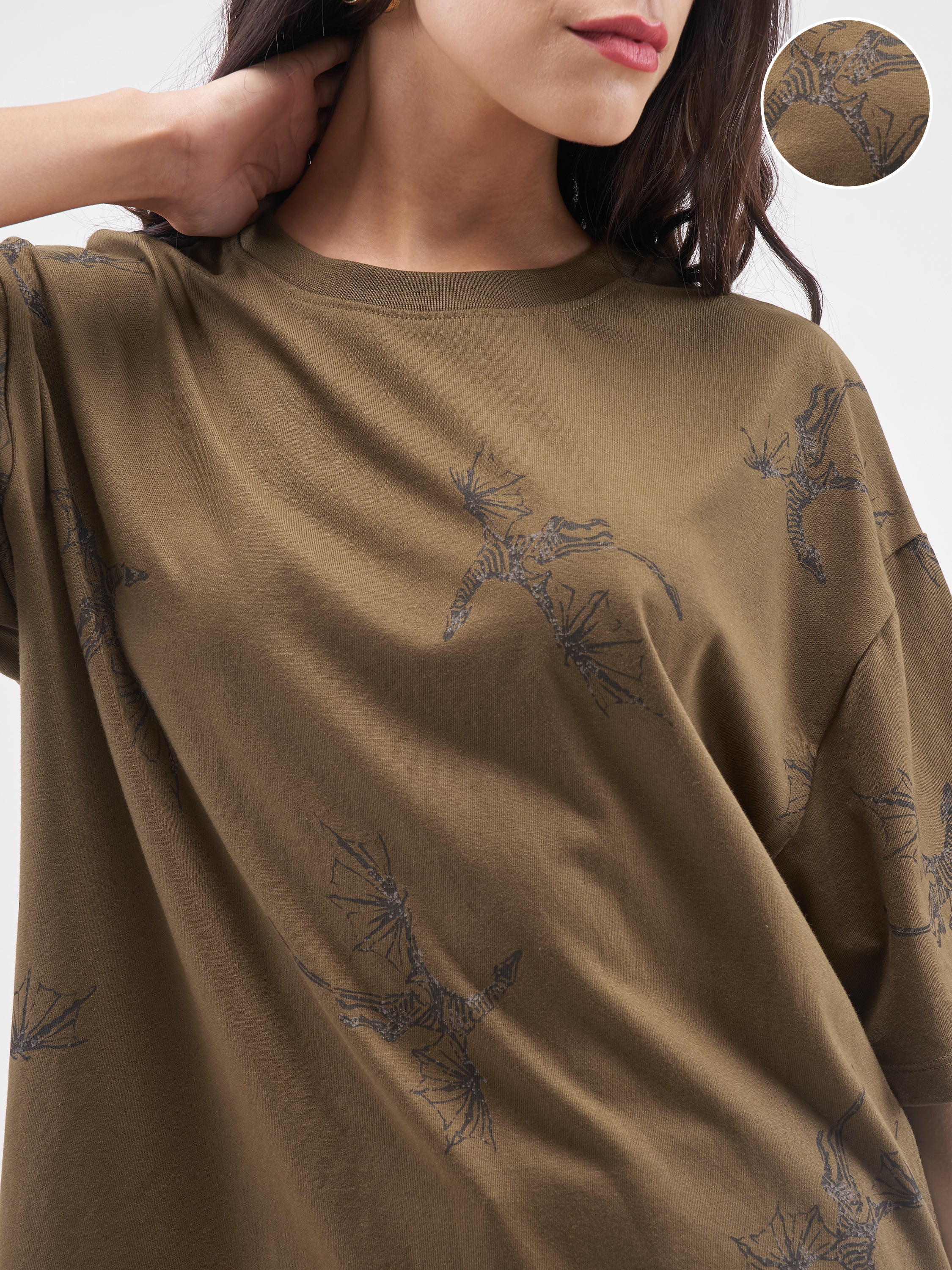 Street By Tokyo Talkies Women Brown Printed Round Neck Oversized Fit T-Shirt - Brown - Image 5