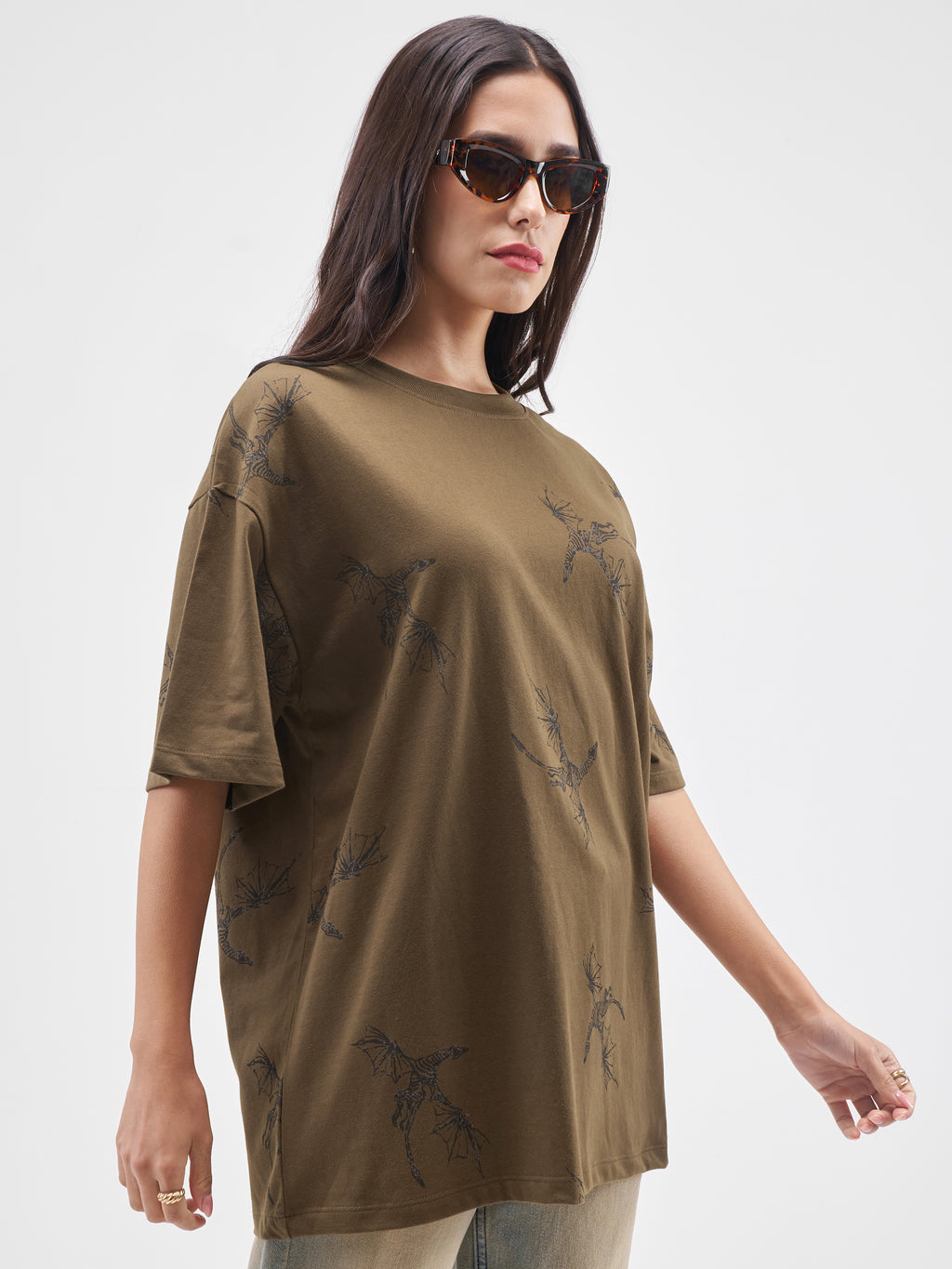 Street By Tokyo Talkies Women Brown Printed Round Neck Oversized Fit T-Shirt - Brown - Image 6