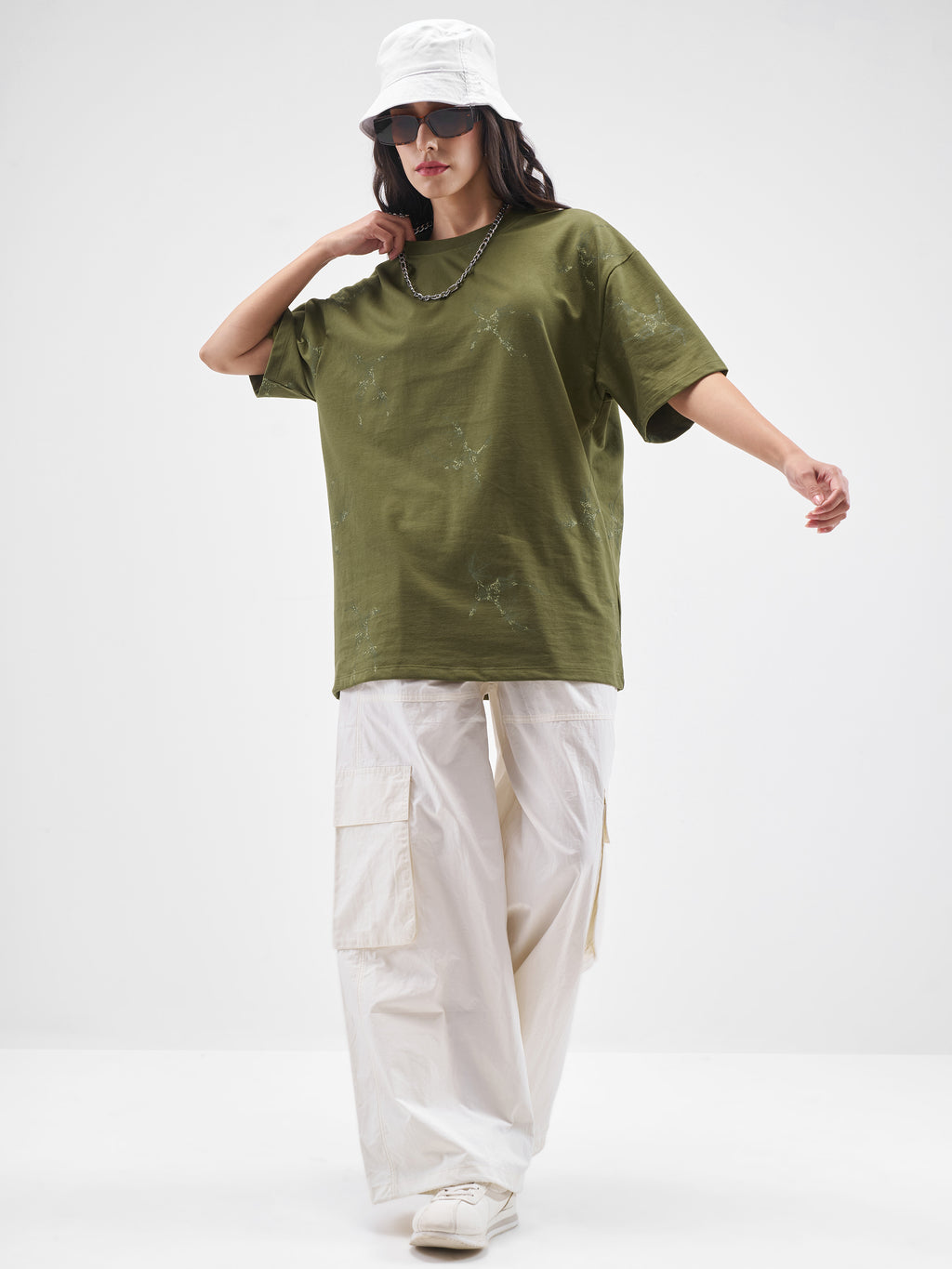 Street By Tokyo Talkies Women Olive Printed Round Neck Oversized Fit T-Shirt - Olive - Image 2