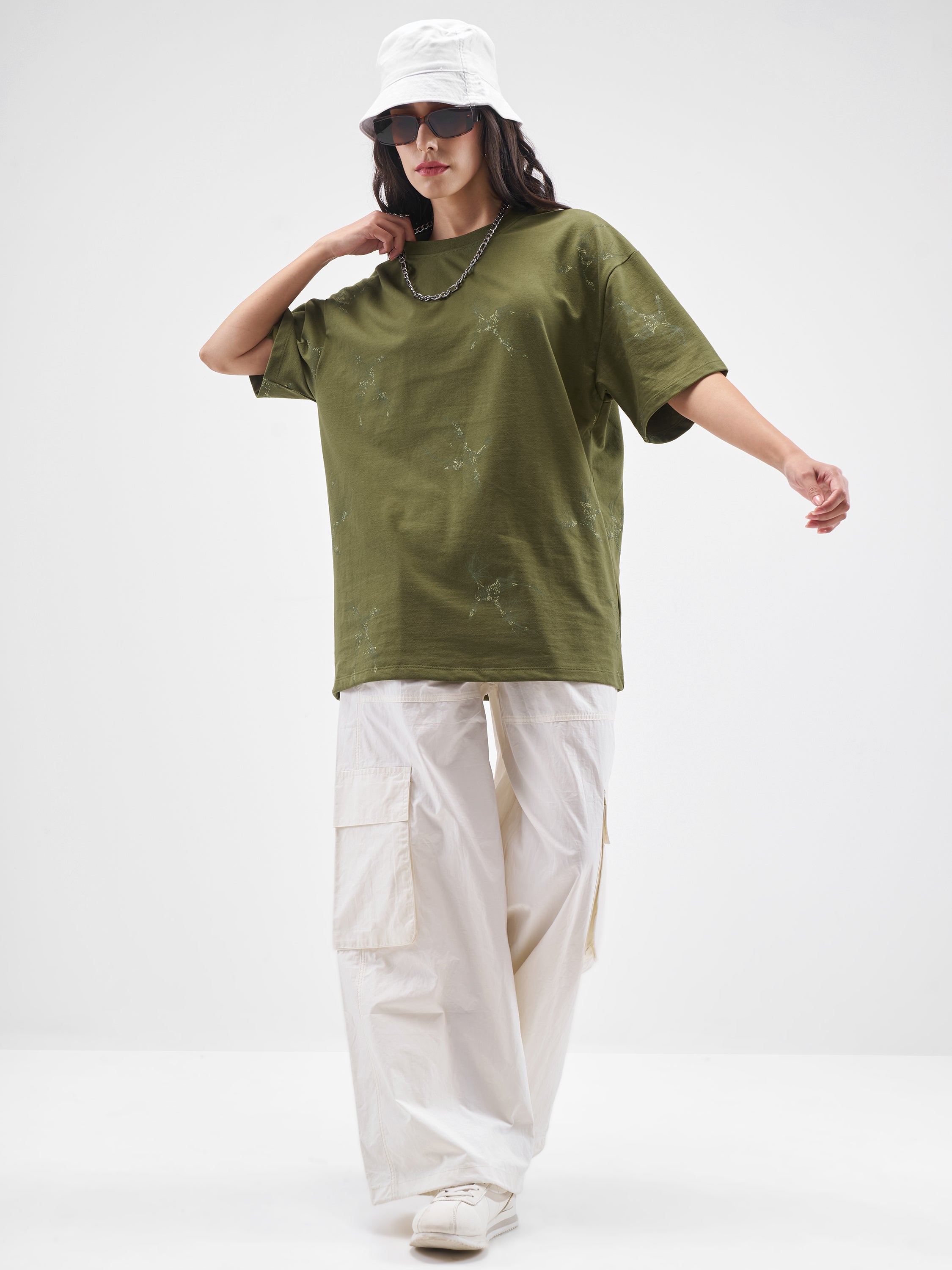 Street By Tokyo Talkies Women Olive Printed Round Neck Oversized Fit T-Shirt - Olive - Image 2