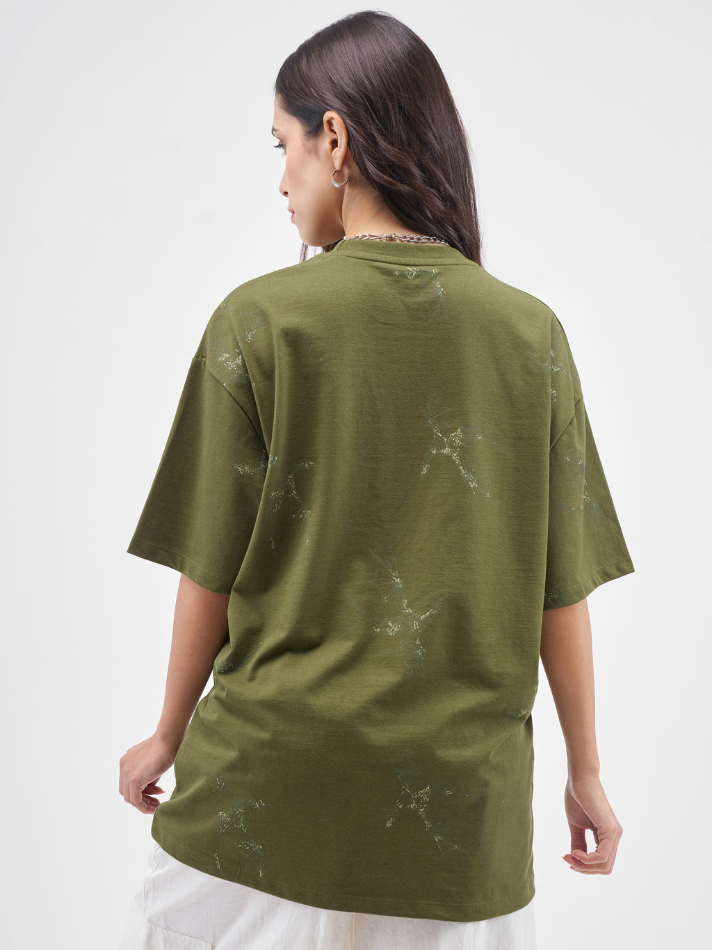 Street By Tokyo Talkies Women Olive Printed Round Neck Oversized Fit T-Shirt - Olive - Image 3