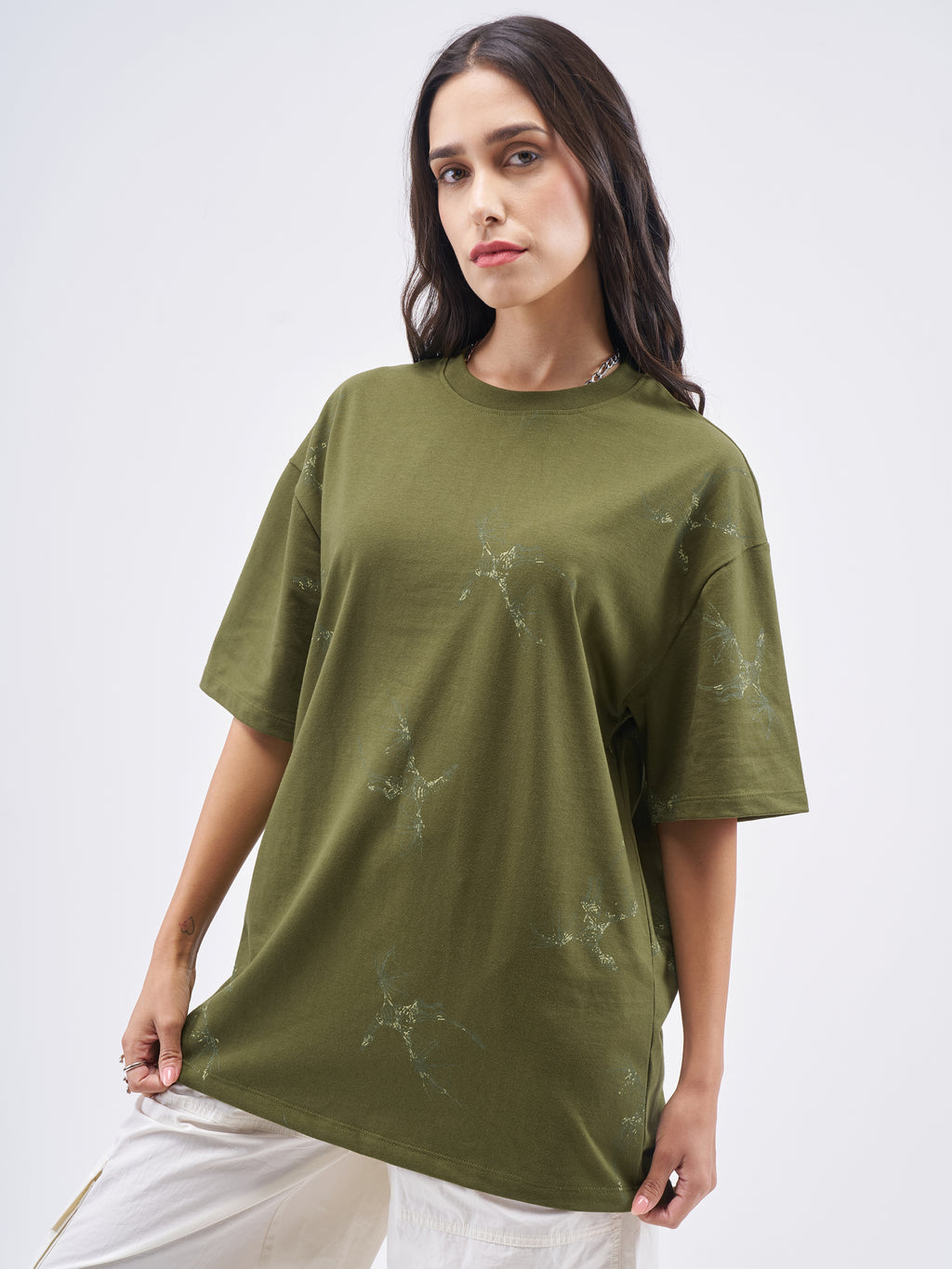 Street By Tokyo Talkies Women Olive Printed Round Neck Oversized Fit T-Shirt - Olive - Image 4