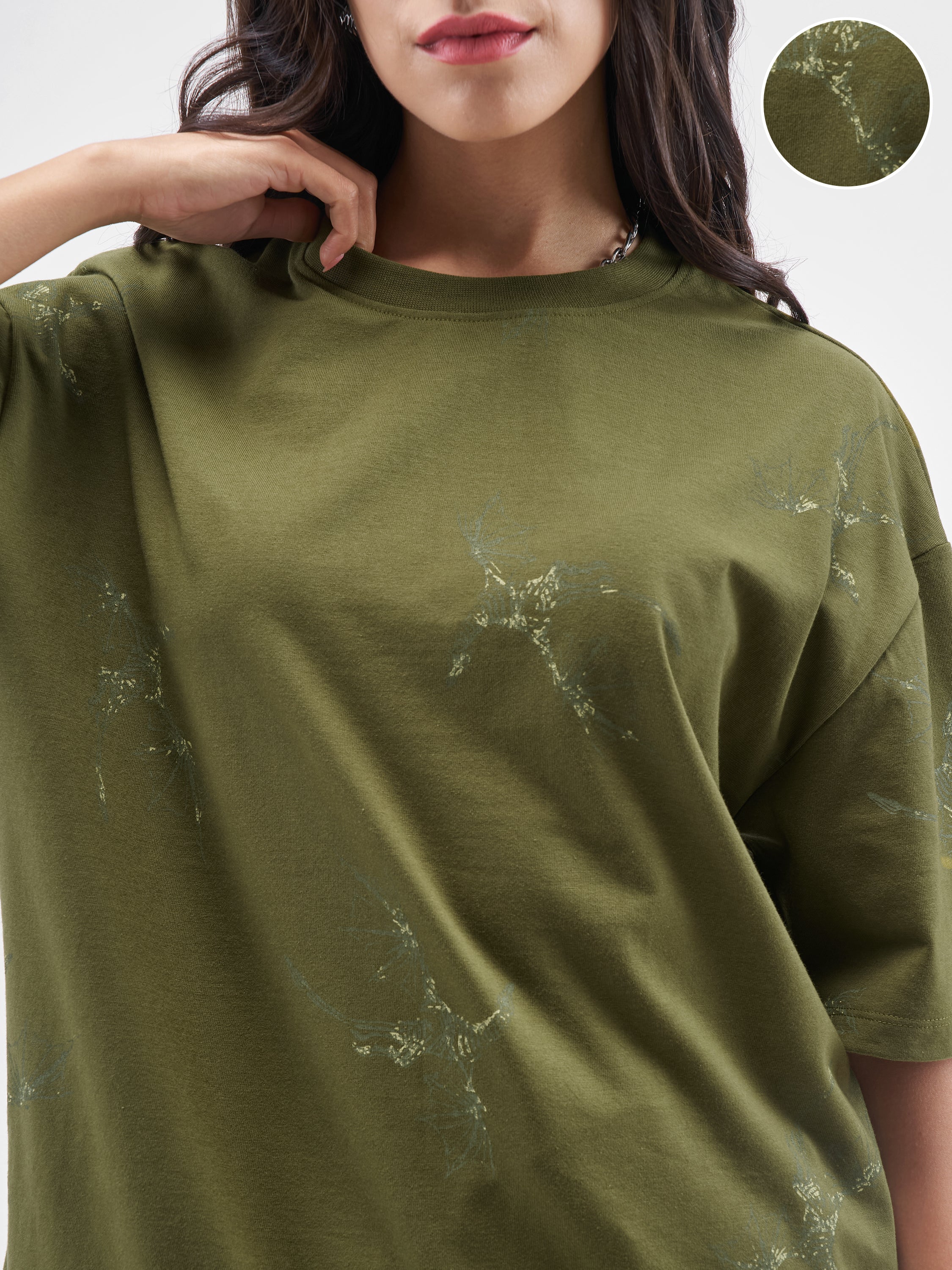 Street By Tokyo Talkies Women Olive Printed Round Neck Oversized Fit T-Shirt - Olive - Image 5