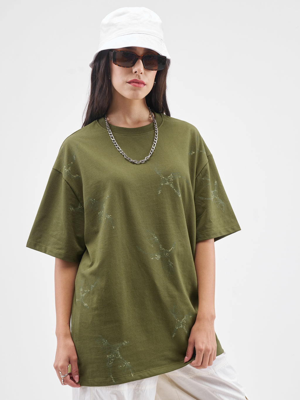 Street By Tokyo Talkies Women Olive Printed Round Neck Oversized Fit T-Shirt - Olive - Image 6