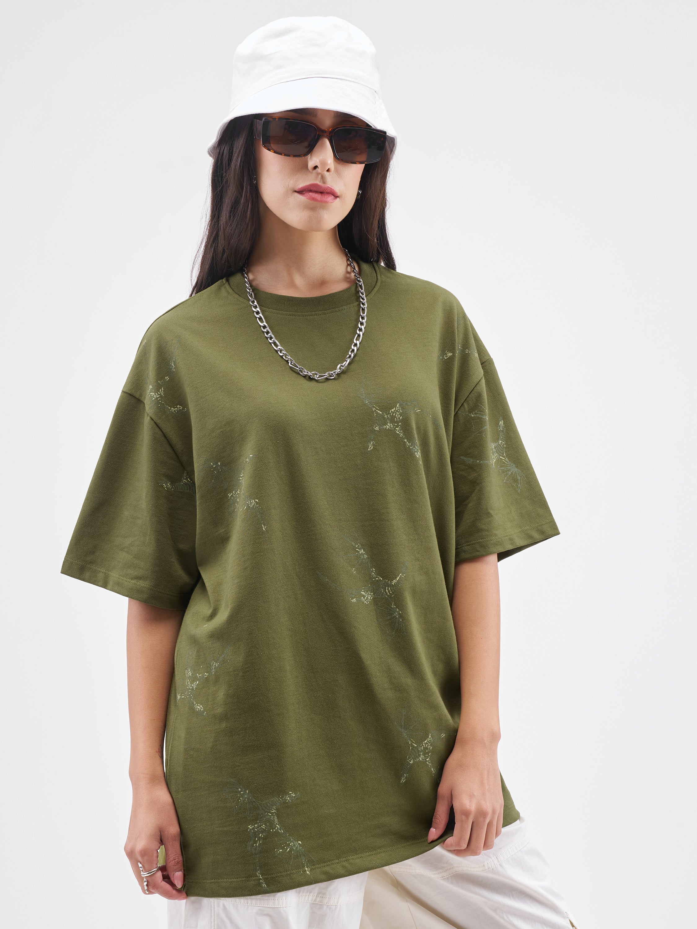 Street By Tokyo Talkies Women Olive Printed Round Neck Oversized Fit T-Shirt - Olive - Image 6